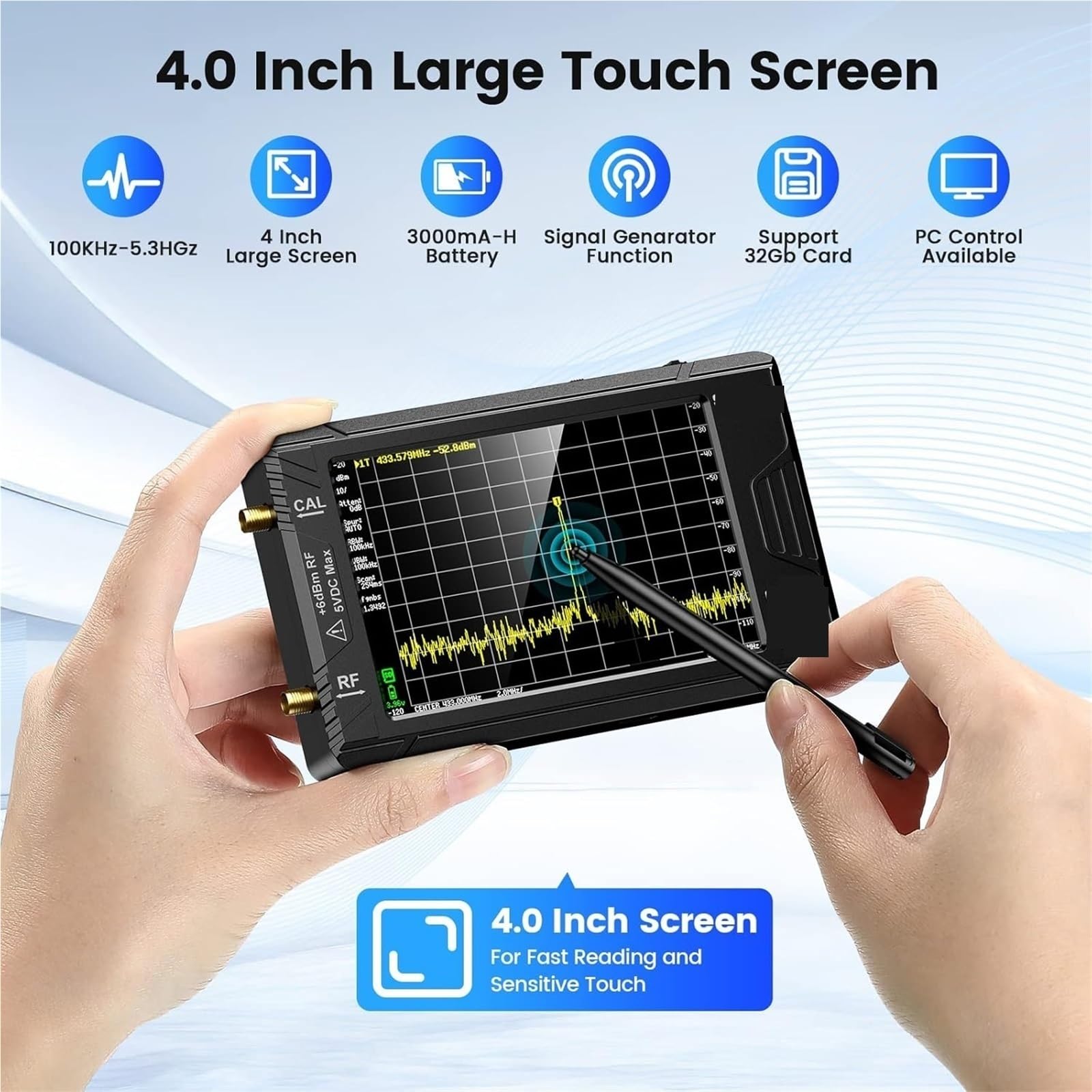 Analizzatore di spettro ULTRA con display da 4" 100 kHz a 5,3 GHz scheda 32 GB, versione V0.4..1, nuovo analizzatore portatile piccole dimensioni Generatore di segnali