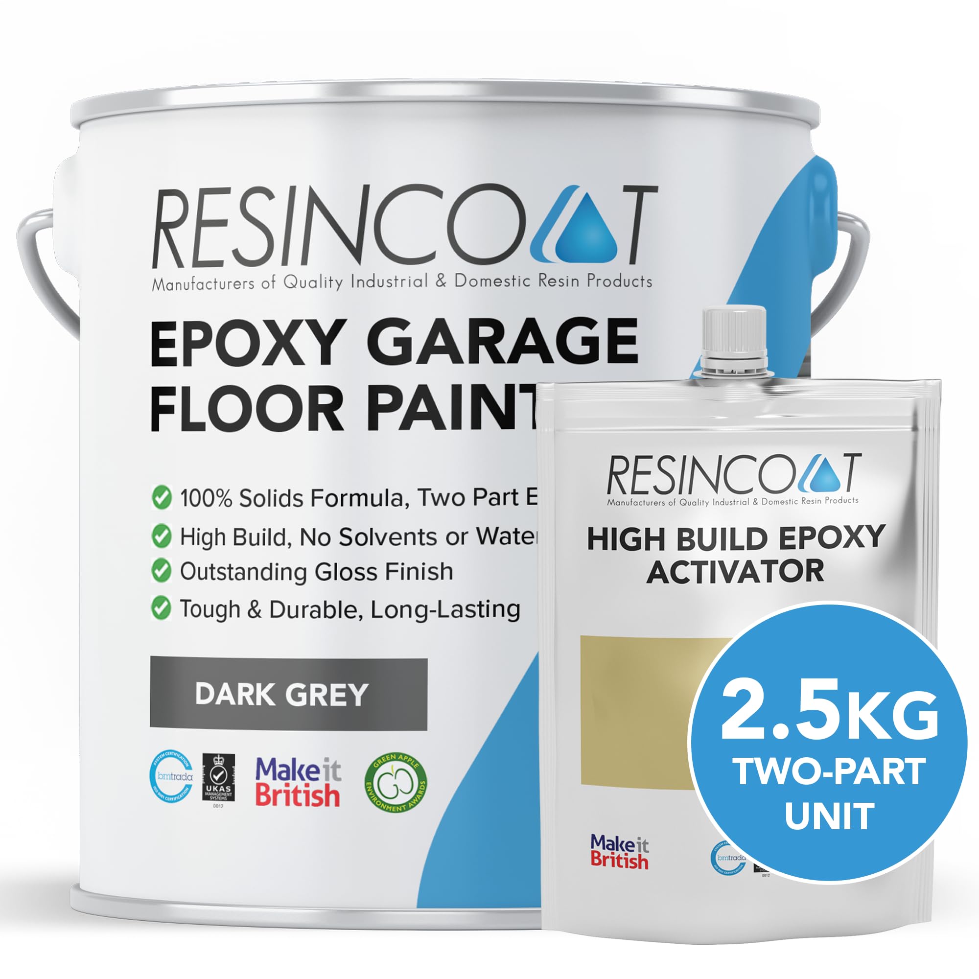 ResincoatHigh Build Epoxy Garage Floor Paint, Two-Part Epoxy Coating, High Gloss Finish, Solvent Free Formula, Tough & Durable Concrete Floor Paint, Made in the UK, Dark Grey, 2.5kg