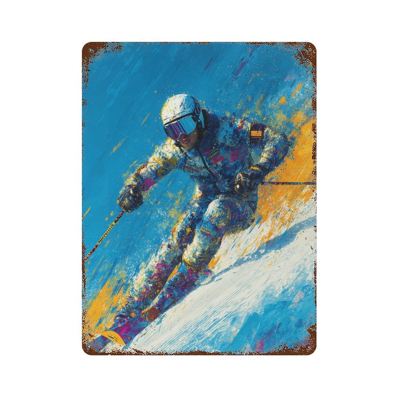 Dynamic Skiing Action Decorative Tin Sign 15.7"x11.8", for Garage, Bar And Workshop Decor, Novelty Wall Decor