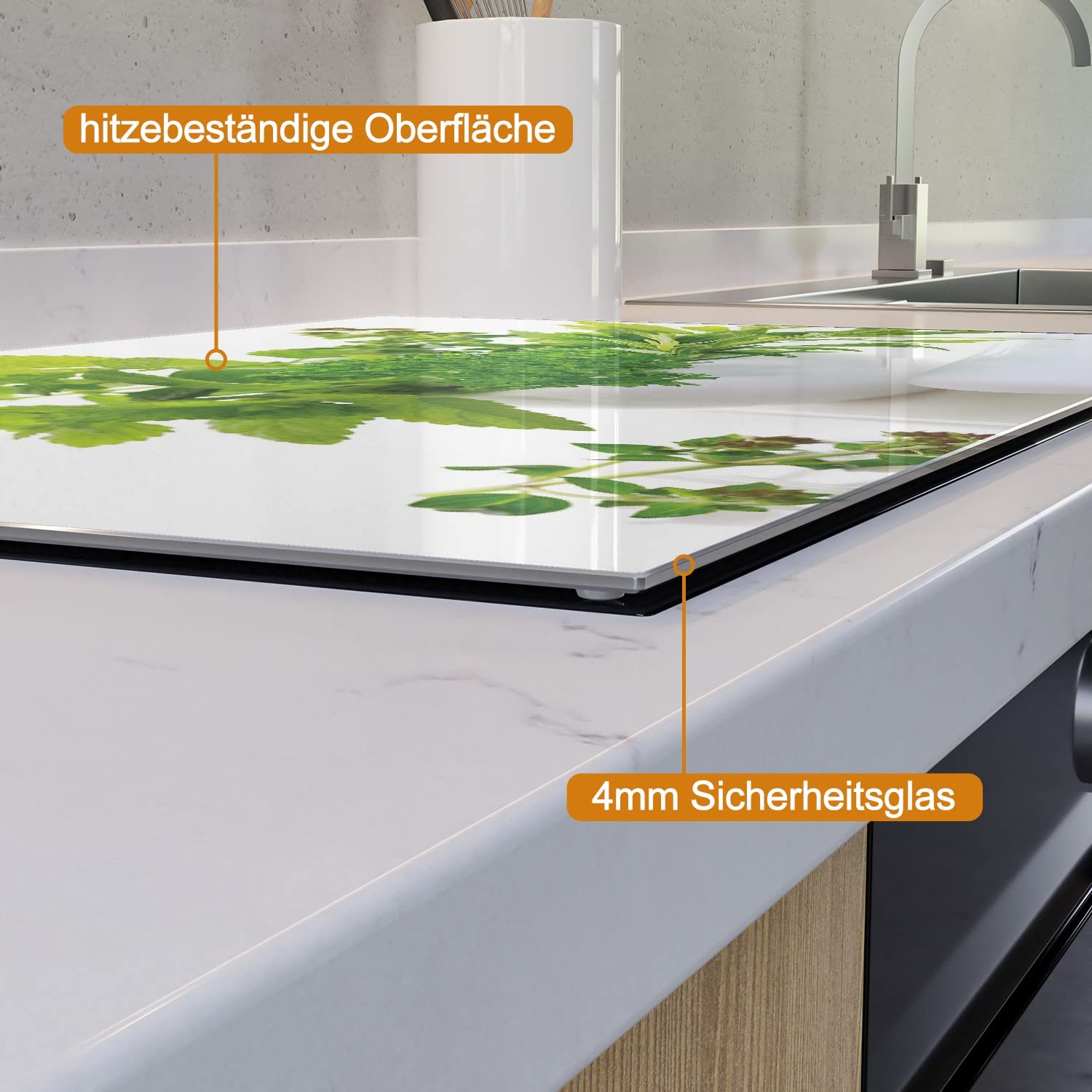 Wallario Herdabdeckplatte/Spritzschutz aus Glas, 1-teilig, 90x52cm, für Ceran- und Induktionsherde, Welt der Kräuter - Verschiedene Kräuter in einem weißen Mörser