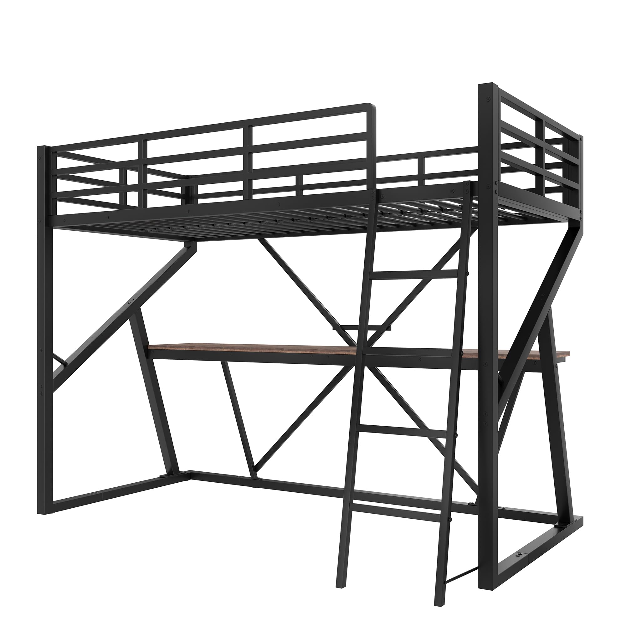 Moimhear Letto a soppalco 90 x 200 cm, telaio in ferro, striscia LED, ringhiera, scale, scrivania, senza materasso (nero)