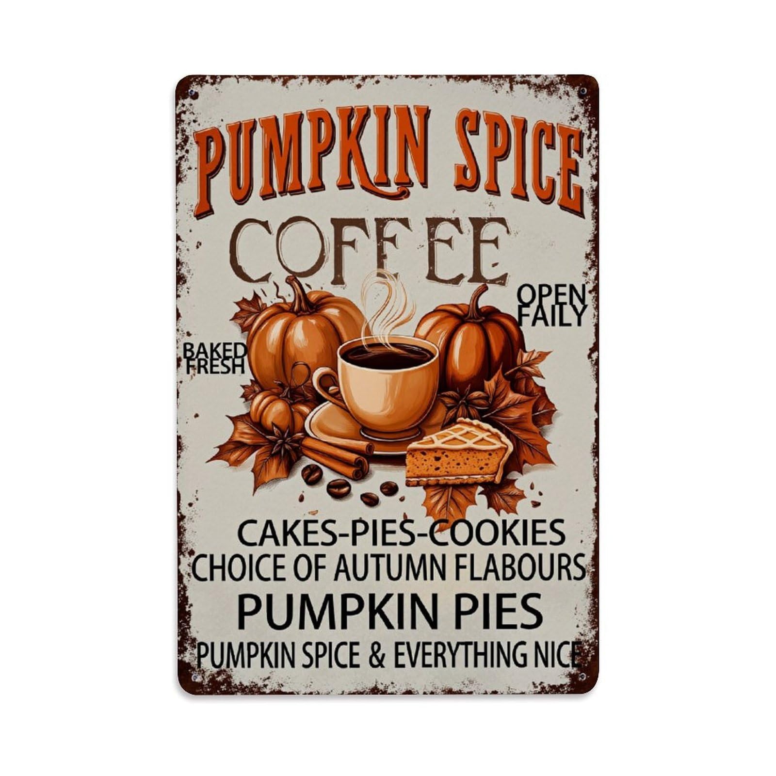 Enderetf Vintage Pumpkin Spice Coffee Autumn Flavors Tin Sign Metal Poster, Home Bar Garage Man Cave Cafe Indoor & Outdoor Wall Decoration 8X12inches