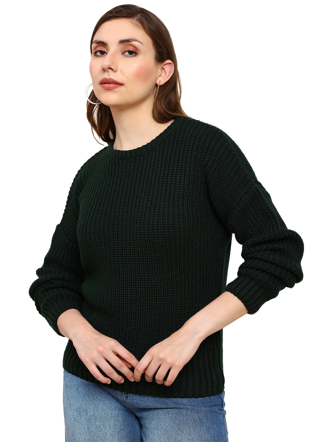 Women Self Design Round Neck Drop Shoulder Long Sleeves Acrylic Knitted Pullover Sweater-image-35