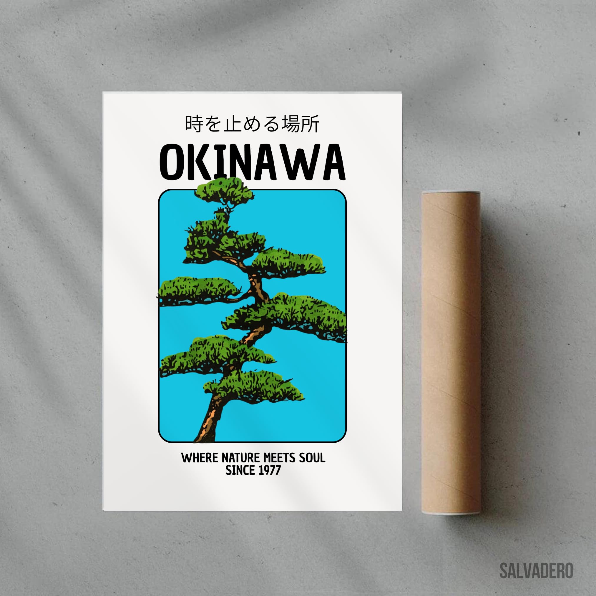 SALVADERO Affiche Okinawa Poster Art Japonais Bonsaï Kanji Art Mural 250g/m² Mat 70x50 cm Sans cadre