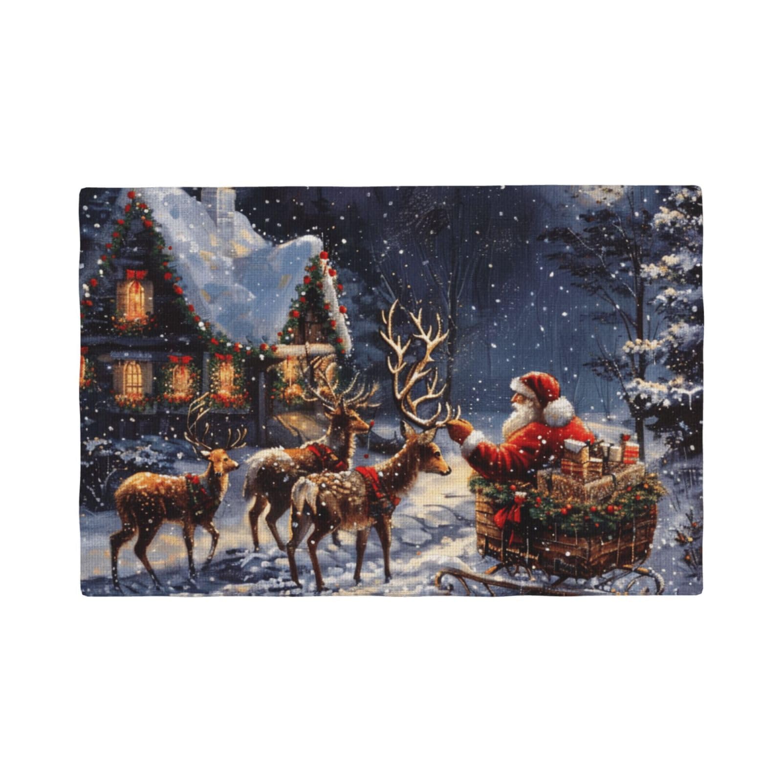 Snow Night Santa and Deer Print Placemats Set, Heat Resistant Washable Placemat 12x18in Table Mats for Party Kitchen Dining Table Decoration Indoor Outdoor, Four Pieces