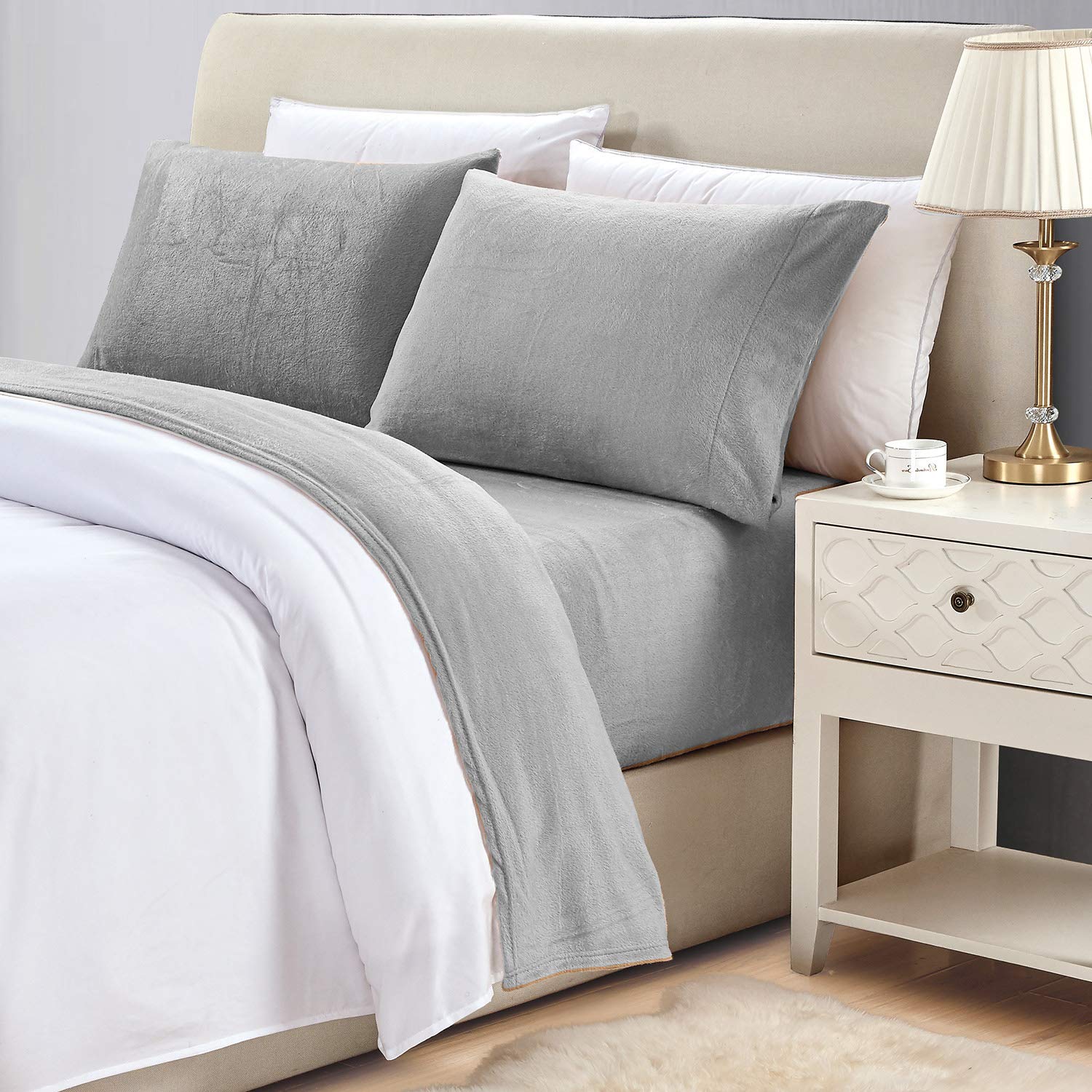 VivilandViviland Plush Micro Fleece Bed Sheet Set - Soft Polar Fleece Velvet Sheets - Extra Warm Winter Flannel Bed Sheets with Deep Pocket - Silver Grey - KingOEKO-TEX STANDARD 100