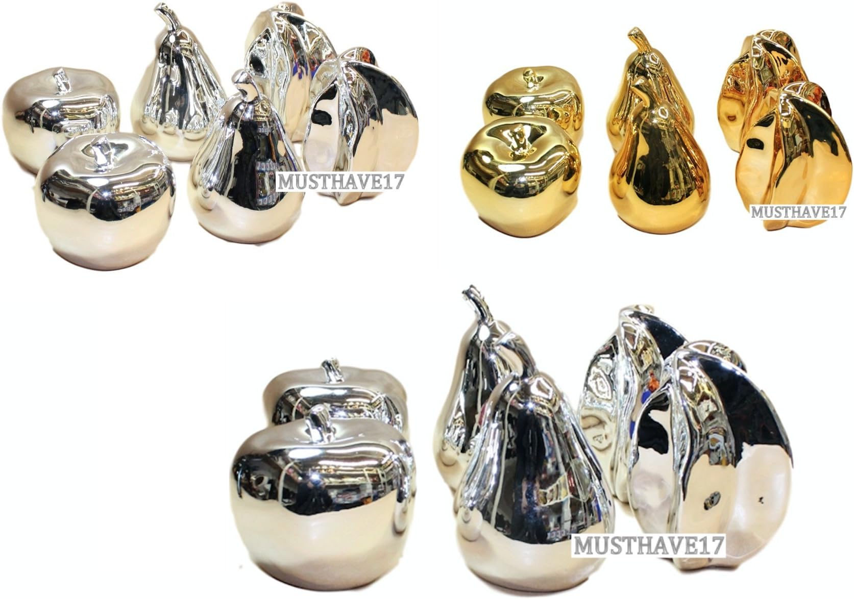 HCAA Ceramic Fruit Set of 6 Silver Gold Life-size 2 Apples 2 Pears 2 Star fruits (Silver)