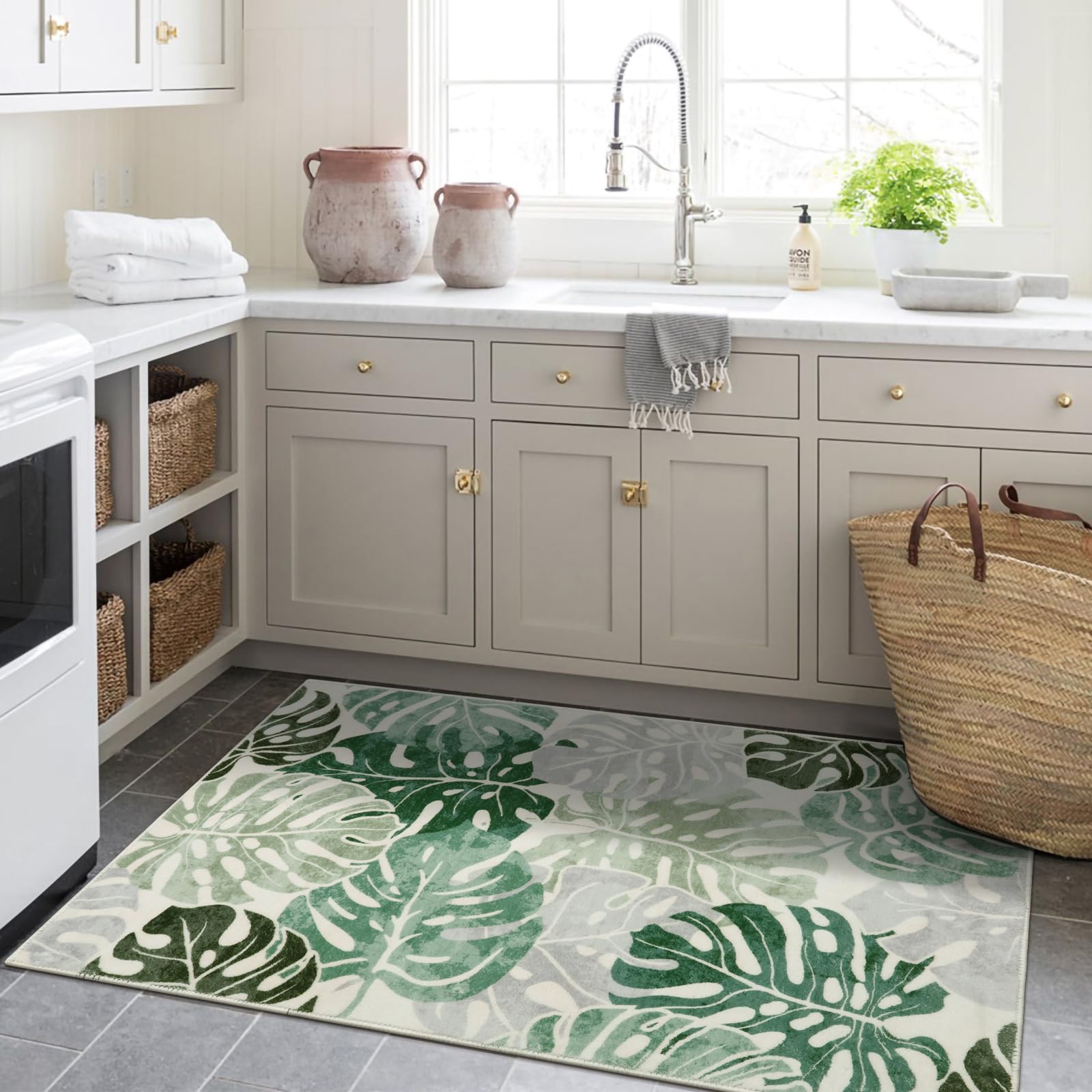 Wonnitar Monstera 3x5 Washable Rug, Sage Green Leaf Area Rugs for Bedroom, Non-Slip Living Room Entry Throw Mat, Low Pile Faux Wool Indoor Carpet for Kitchen Bathroom Office