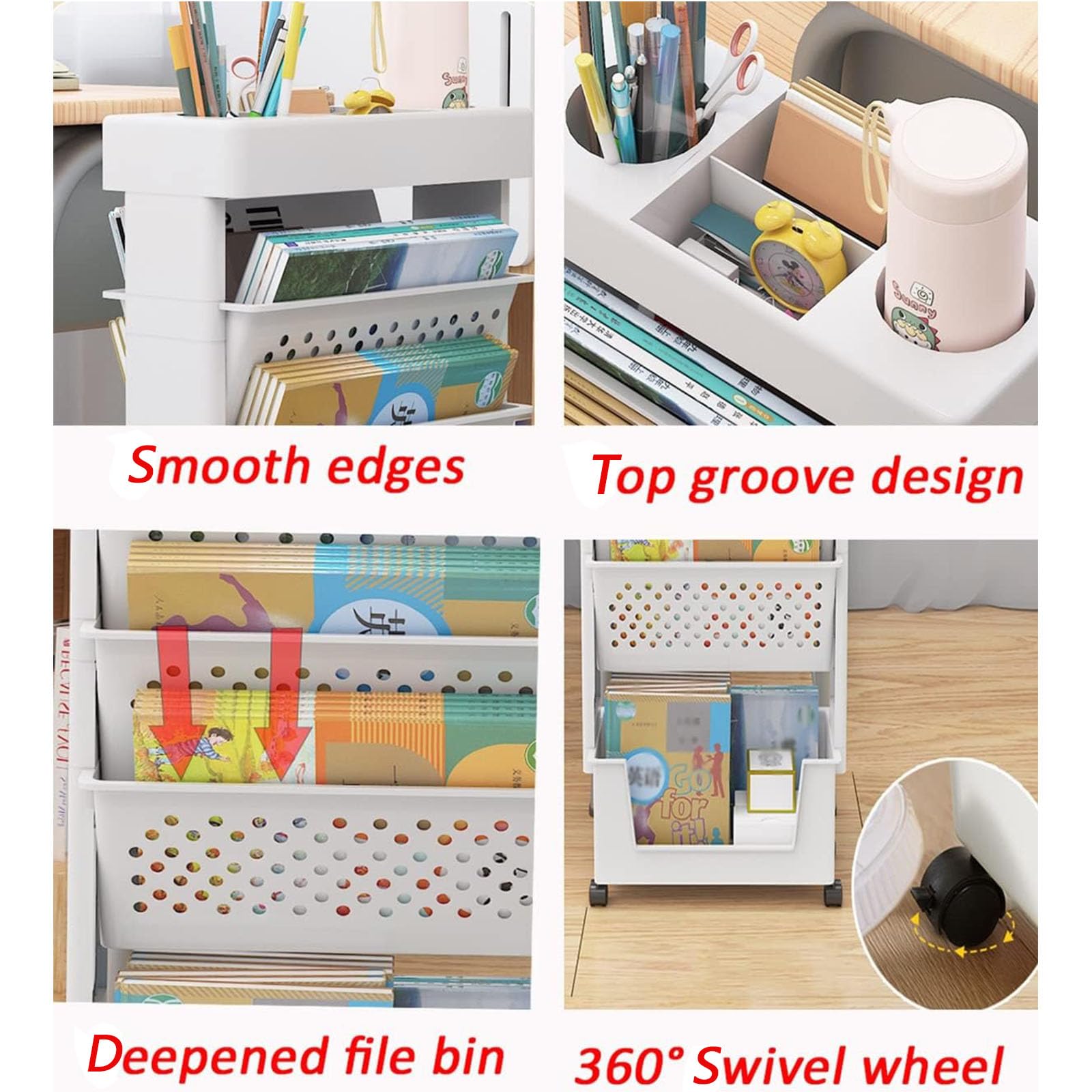 Estantería Móvil para Niños, Estante De Almacenamiento para Carrito Estante De Pie para Estantería Escritorio De Oficina Organizador De Archivos Giratoria Extraíble Material Plástico