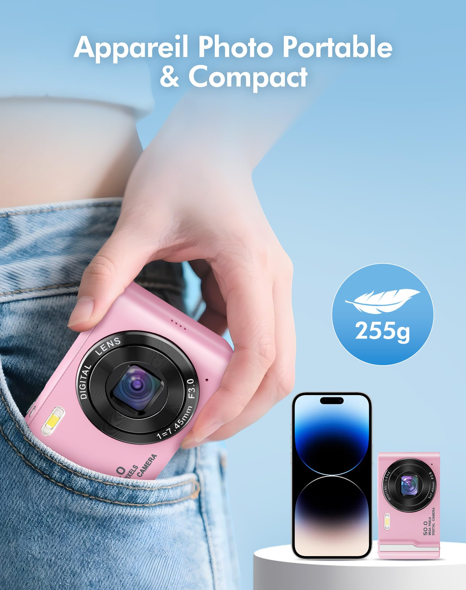 Appareil Photo Numérique Compact Portable 4K, 50MP Autofocus Digital Camera avec Écran IPS 2,8", Zoom Numérique 16X, Carte Mémoire Micro 32 G et Batterie, pour Enfants, Adolescents et Débutant