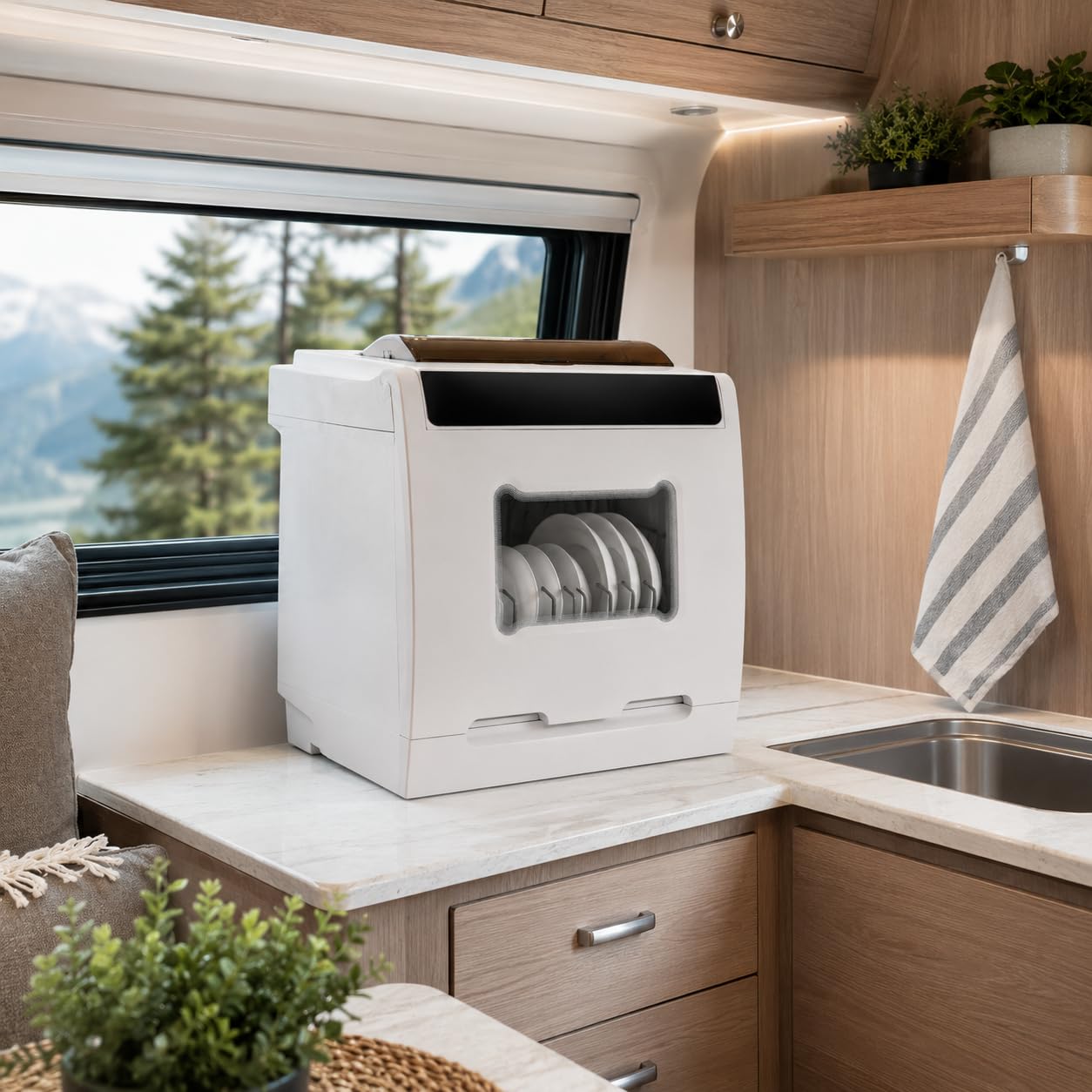 Mini Geschirrspüler Tischgeschirrspüler mit Wasseranschluss, Mini Spülmaschine 6 Programme, 72°C Hygiene Reinigung, Heißlufttrocknung, Obst Gemüsewäsche für Küche, Wohnung, Camping, Wohnmobil