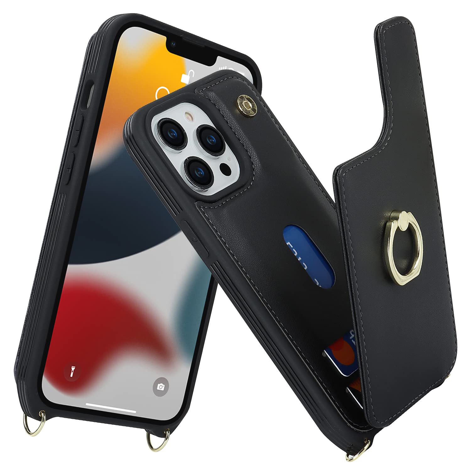 Lipvina for iPhone 13 Pro Max/iPhone 12 Pro Max Case with Card Holder for Women,Crossbody Strap Lanyard,Credit Card Holder,Ring Stand,Snap Clasp,Cute Wallet Case 6.7 inch (Black)