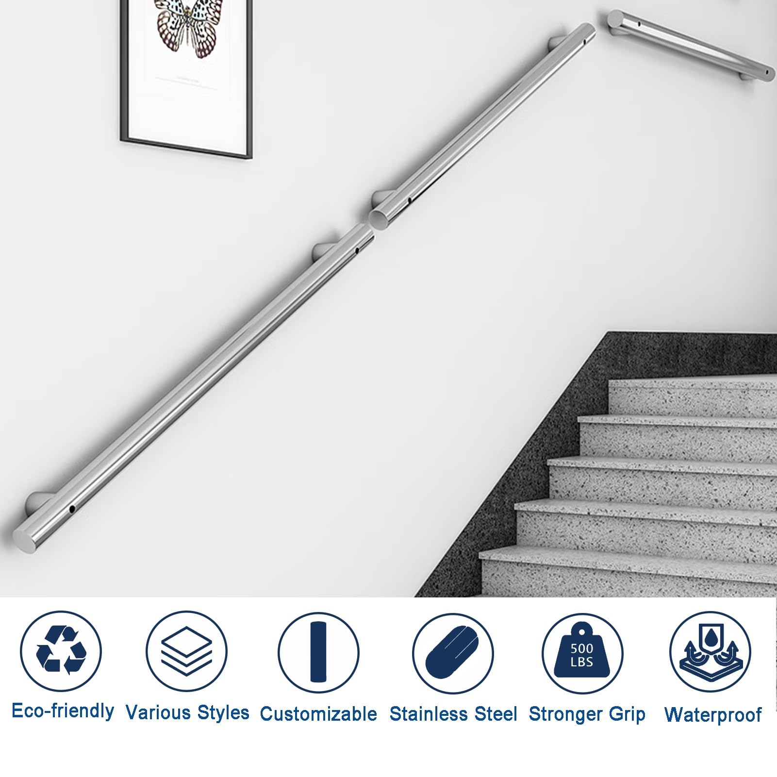 Escaleras De Acero Inoxidable Pasamanos De Acero Inoxidable V2A Pulido - Hasta 6 Metros, Para Escaleras Interior/exterior, Incluye Kit Montaje Pasamanos Acero Inoxidable