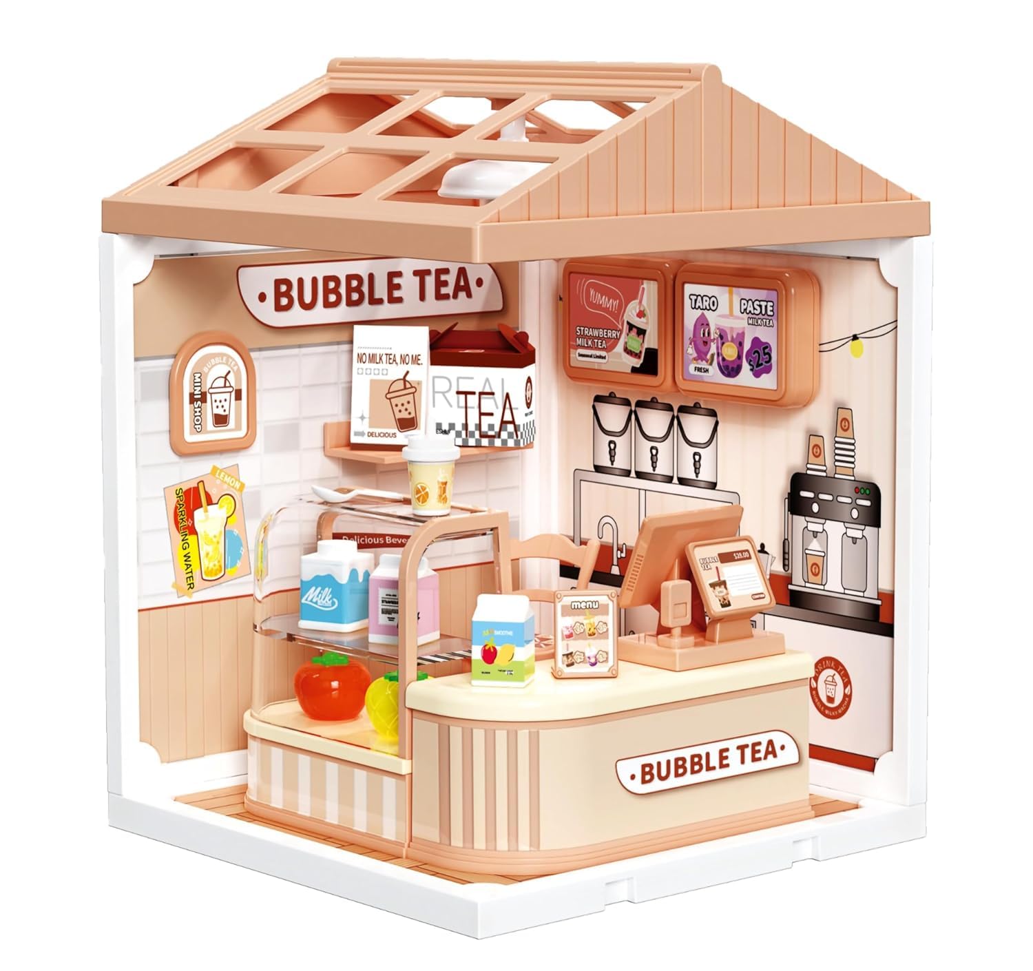 Bubble Tea Shop Miniature Dollhouse Playset, Pretend Play Store with Accessories-image-42