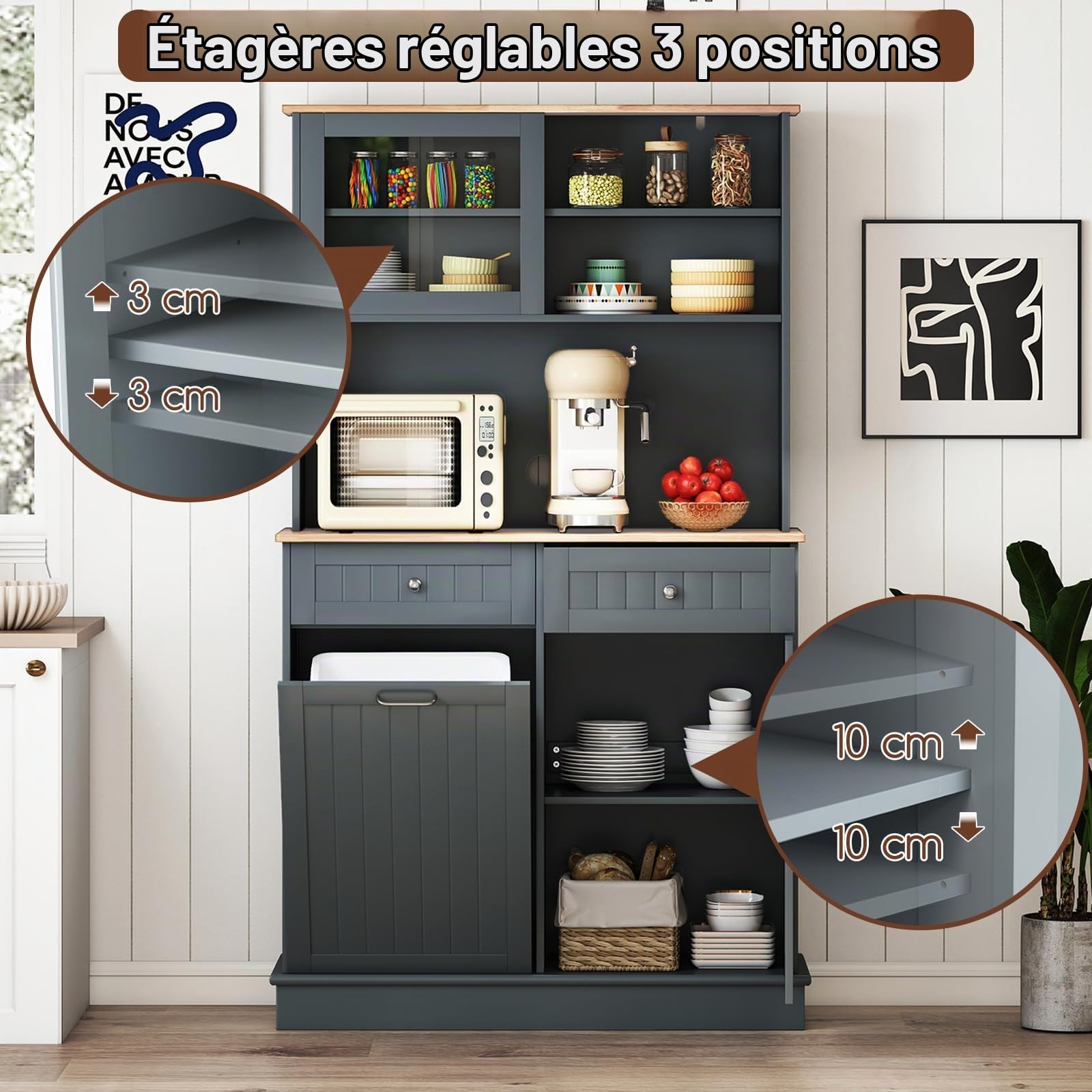 KOMFOTTEU Buffet Haut avec Support pour Poubelles, Colonne de Cuisine avec 2 Tiroirs & 2 Armoires à Portes, Meuble Rangementd de Cuisine, Plan en Bois Massif, 100 x 34 x 172 cm (Gris)