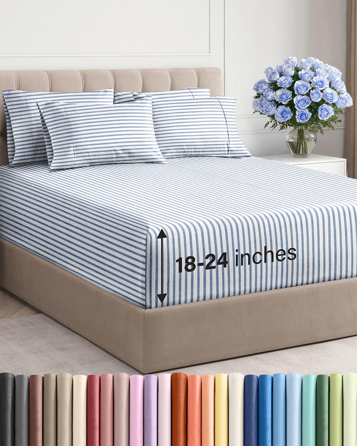 Extra Deep Cal King Sheet Set - 6 Piece Breathable & Cooling - Blue Stripes โ image 1