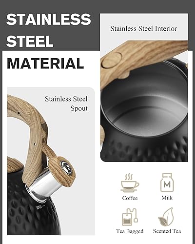 Miniatura 3 de Tetera negra, 2.7 cuartos de galón, silbato fuerte, acero inoxidable de grado alimenticio y mango de madera lisa, aspecto sofisticado para