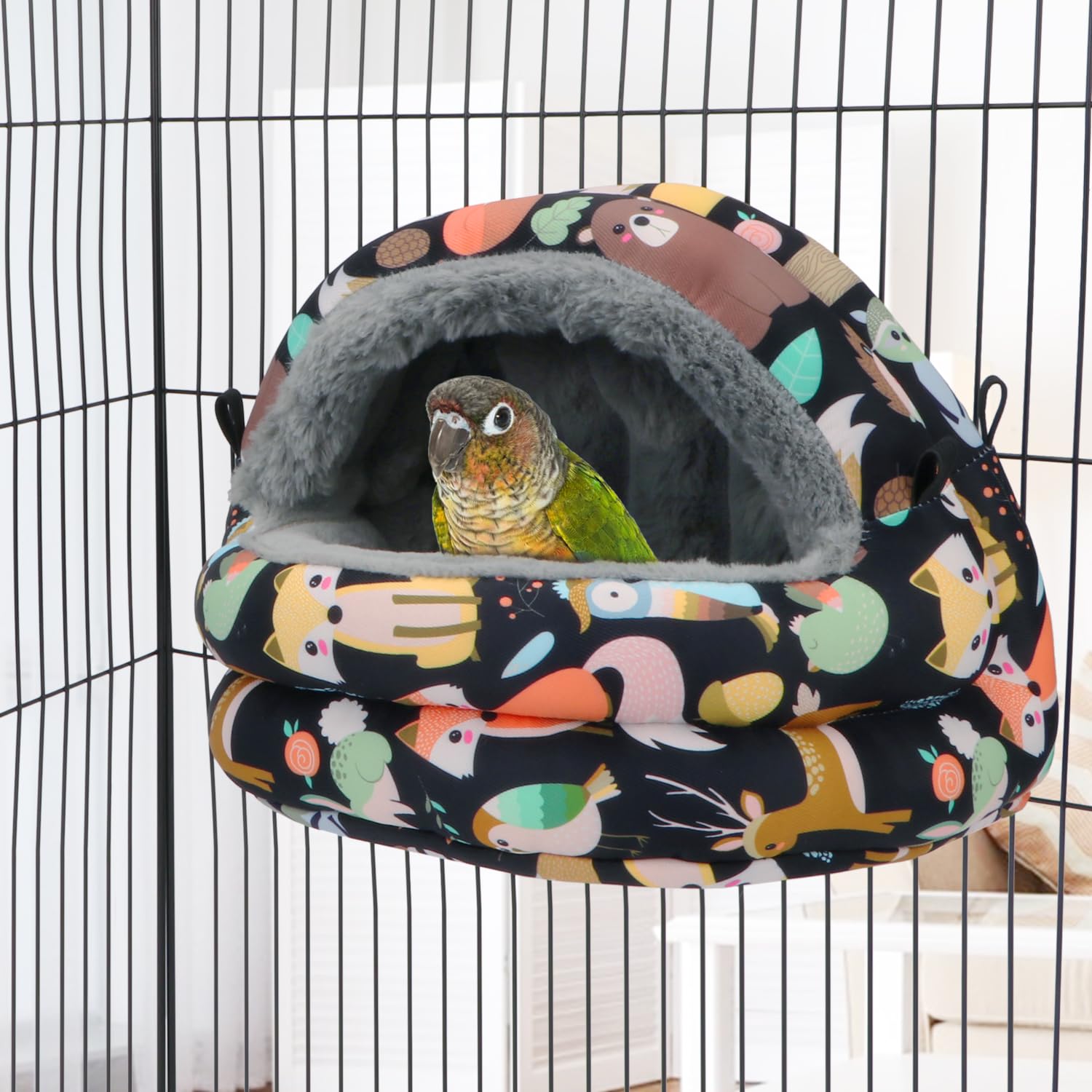 Domek z gniazdem dla ptaków, zimowy, ciepły, przytulny, dla ptaków, wiszący hamak dla papug, papug, kakadiel, Conures (rozmiar M, czarny)