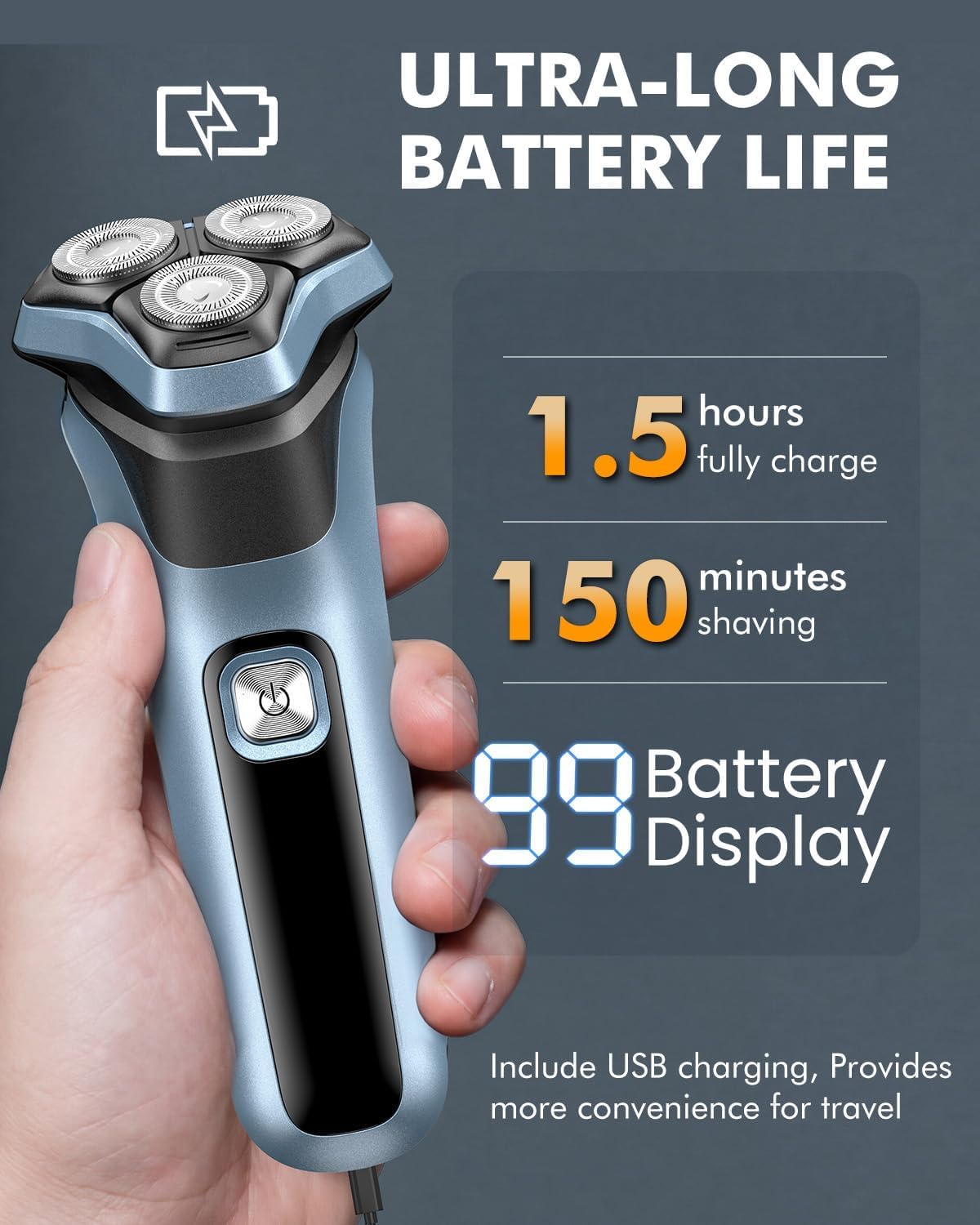 Rasoio elettrico da uomo per viso bagnato e asciutto 4D ricaricabile Rotary rasoio Trimmer 5000 cura della pelle sensibile e ricarica rapida USB – trimmer pop-up display LED, blocco da viaggio, durata