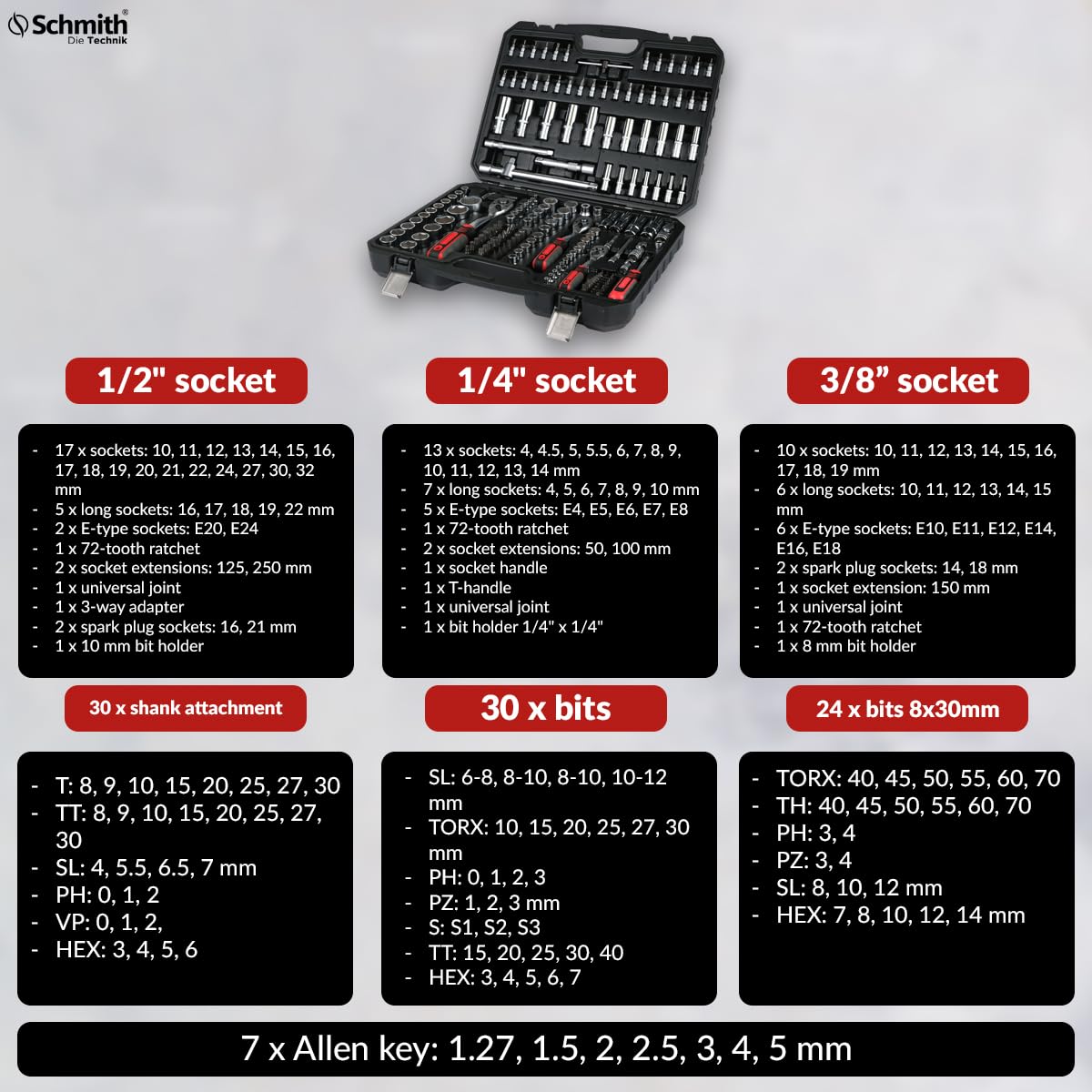 Kit d'Outils dans une Malette - Clé à Douille, Embouts, Cliquet 72 Dents et Accessoires - 1/4” 1/2” 3/8" - Coffret de Douilles - 182 Pièces