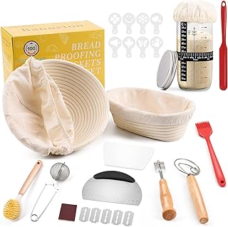 Clheatky Sourdough Starter Set, Complete Sour Dough Starter Kit With Jar, Round & Oval Banneton Proofing Baskets, 12 PCS Bread Making Accessories, Bread Fermentation Basket Gift Set for Baking Lover