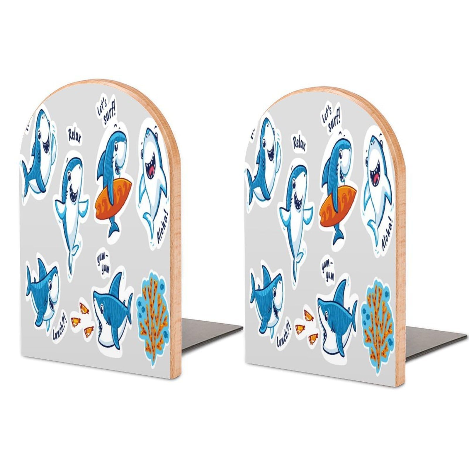 Sharks Catoon Characters in Vector Beech Wood Bookends Heavy Duty Book Organizers Desktop File Holder for Office Home Bookshelf