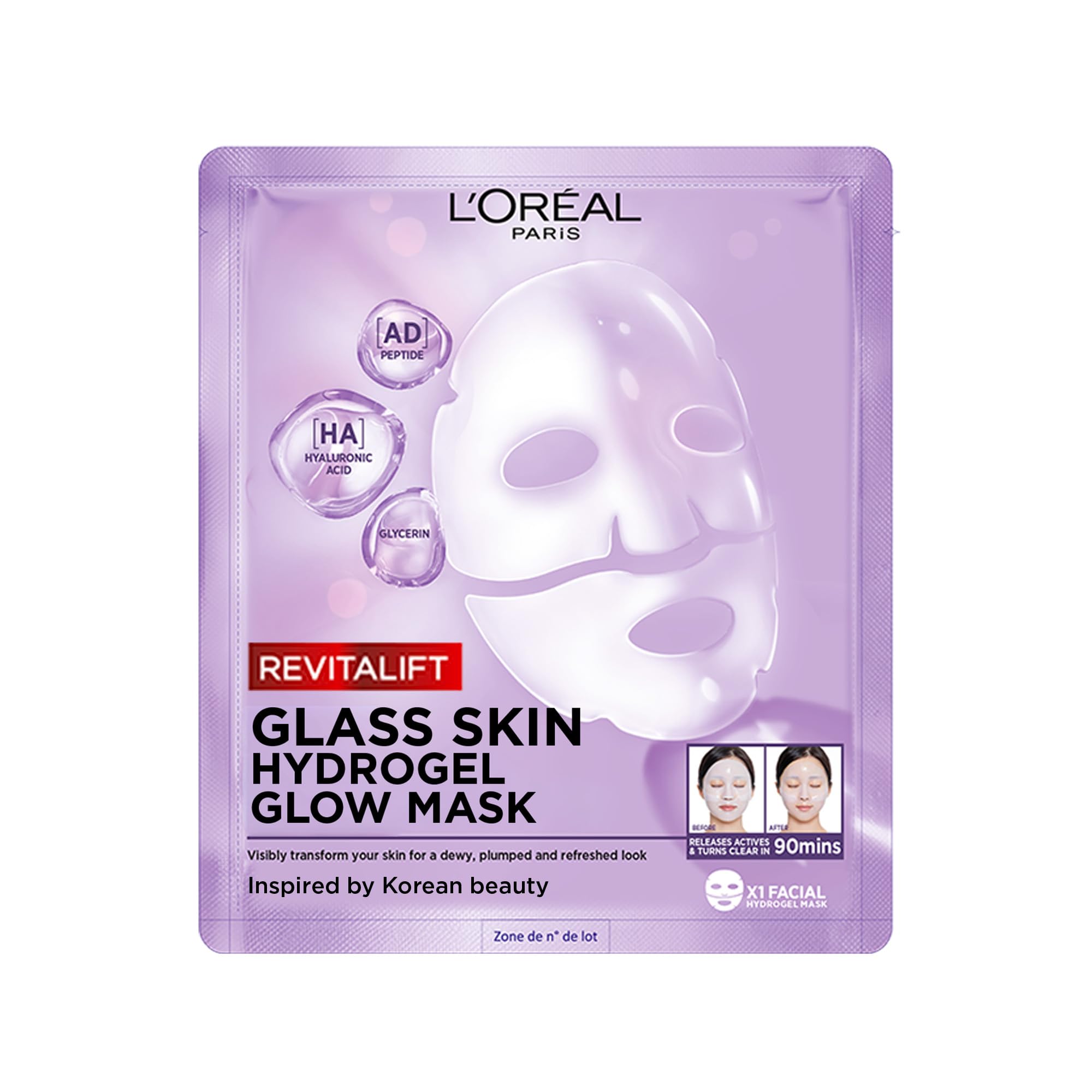 L'Oréal Paris Glass Skin Maschera in Idrogel, Per Tutti i Tipi di Pelle, Pelle Luminosa e Radiosa, Risultati Istantanei, Trend Coreana, Con Acido Ialuronico e Centella Asiatica, Revitalift, 1x37gr