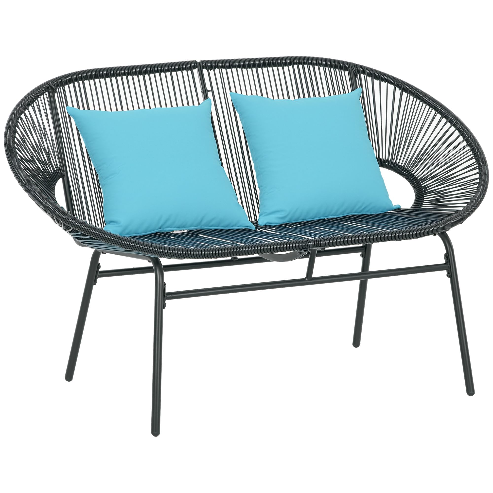 Outsunny Banquette Banc de Jardin 2 Places en Acier et Cordage en résine avec 2 Coussins - dim. 132L x 72l x 83H cm - Noir