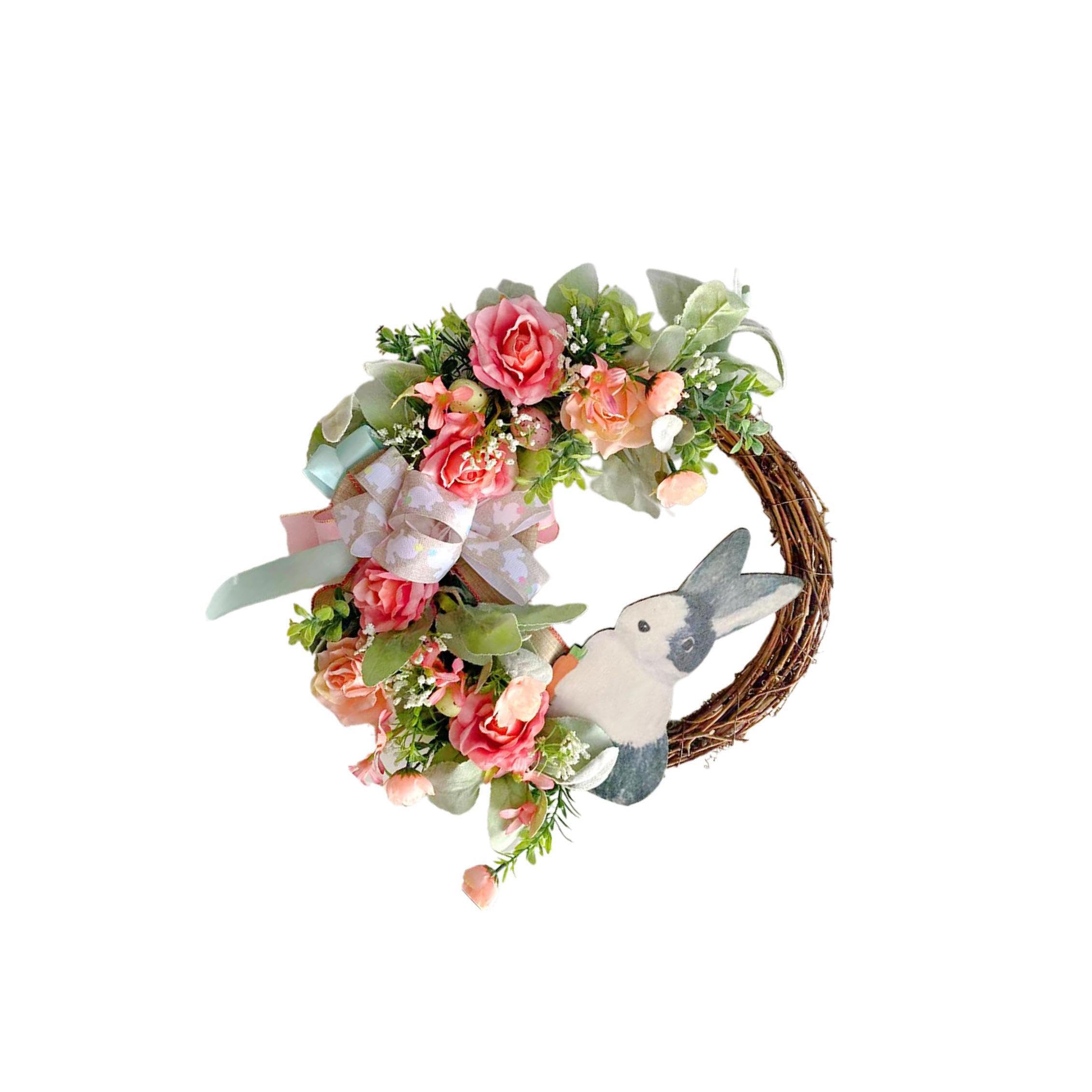 Couronne de Pâques fleurie décoration printemps intérieur et extérieur rose