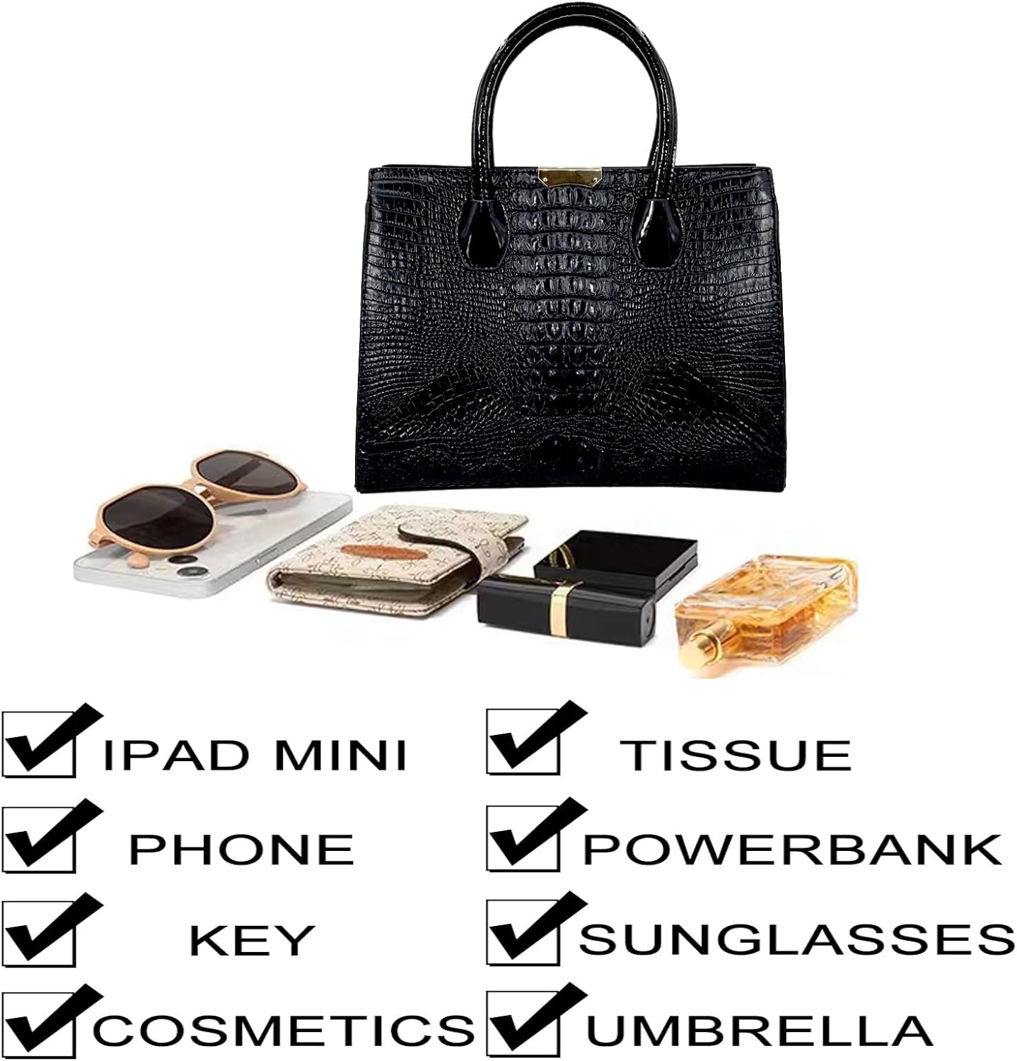 Tote Top-handle Handbags Patent PU Leather Women Purse Satchel Crocodile Pattern Shoulder Crossbody Bag 3 Pcs Set - Image 5