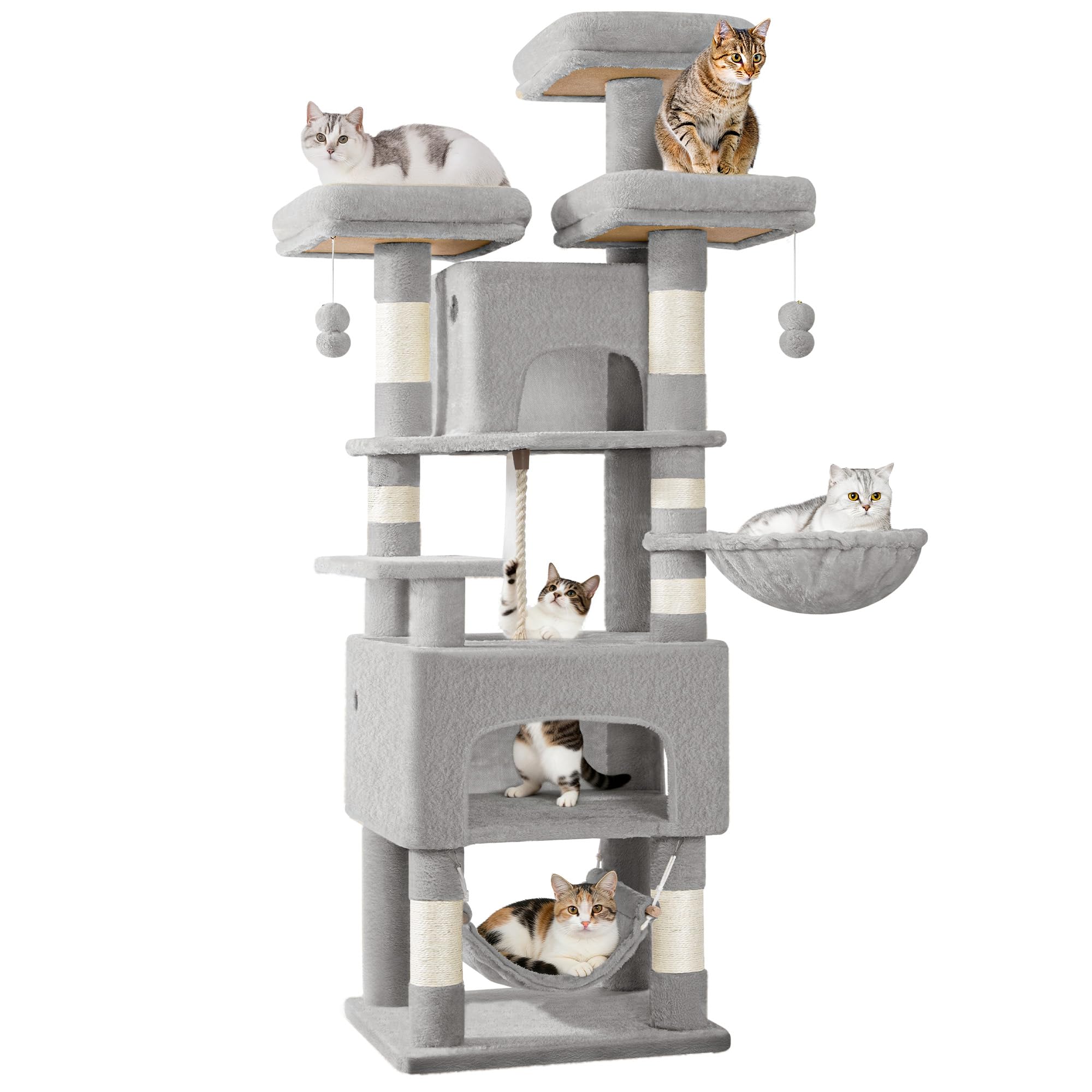 Hzuaneri Cat Tree for Indoor Cats, 156cm Large Cat Tower, Multi-layer Scratching Post with 3 Platforms, 2 Caves, 7 Sisal Posts, Hammock, Pompoms, Heavy-Duty for Multi-Cat Homes Light Grey MS15718LG