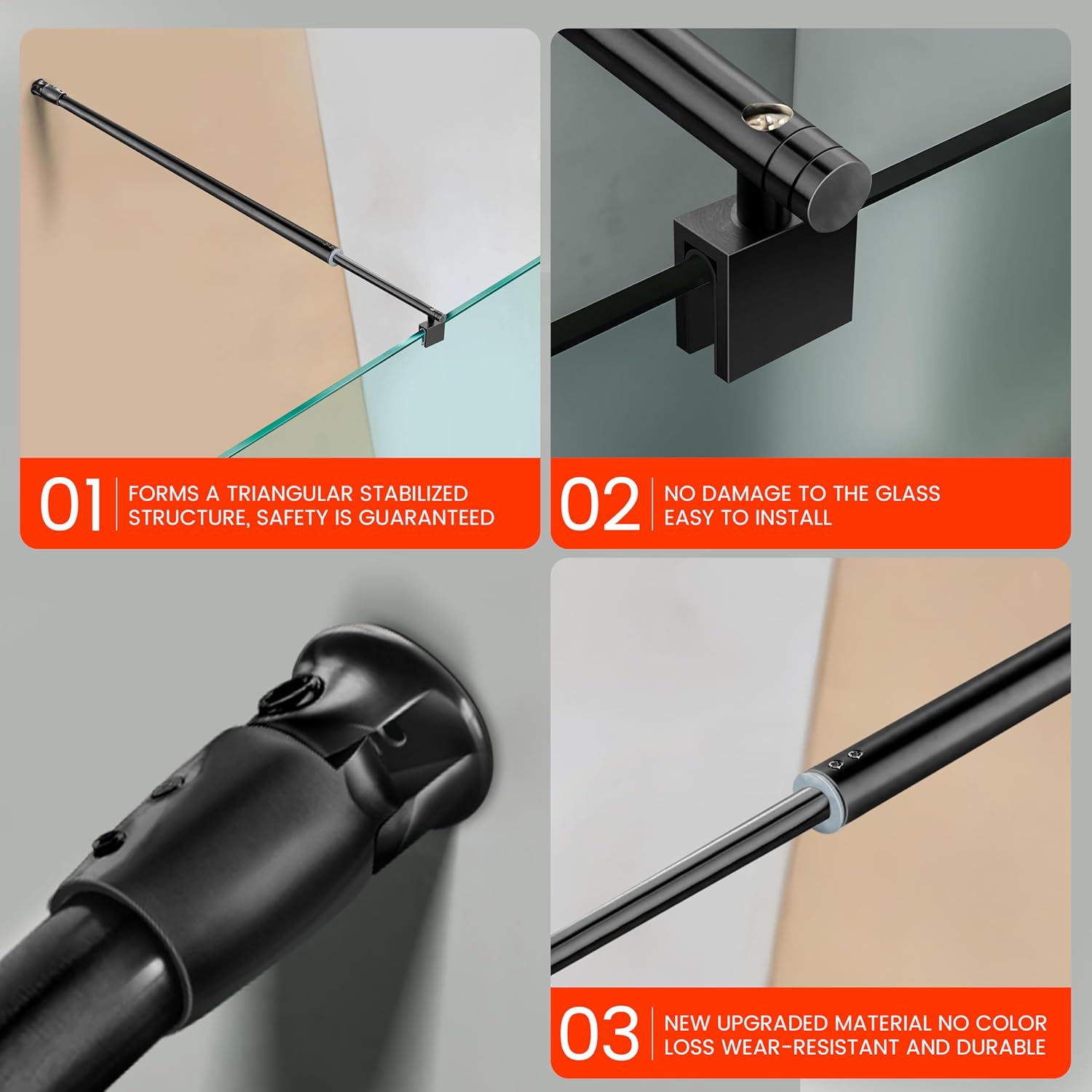 Shower Door Support Bar, Fix Frameless Shower Door Panel for 5/16"(8mm) to 3/8"(10mm) Thick Glass, Wall to Glass Support Adjustable Rod, 27.6"-47.2" Long, Matte Black