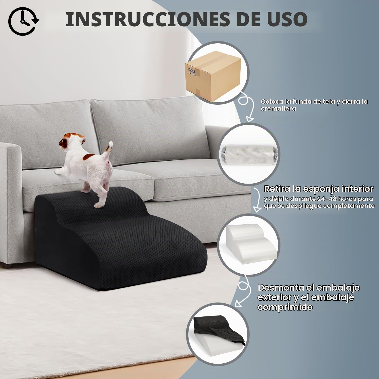 Escaleras para Perros de 2 Peldaños, Rampa para Mascotas de Espuma de Alta Densidad, Escaleras para Mascotas con Cubierta de Felpa Extraíble y Lavable, para Sofá o Cama, Negro