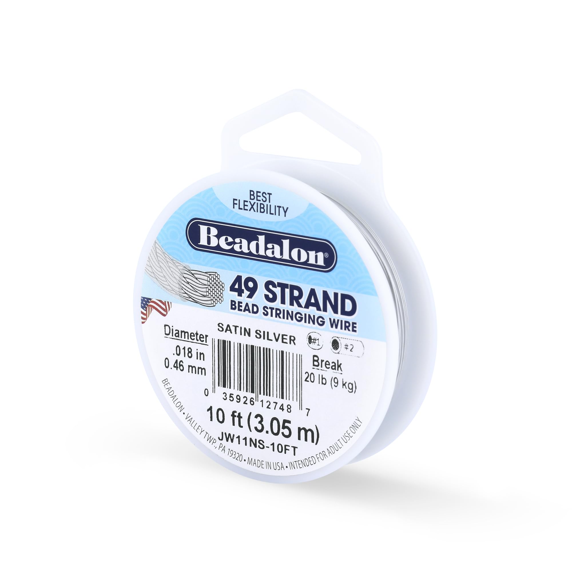 Beadalon 49 Strand Stainless Steel Bead Stringing Wire, .018 in / 0.46 mm, Satin Silver,10 ft / 3.1 m