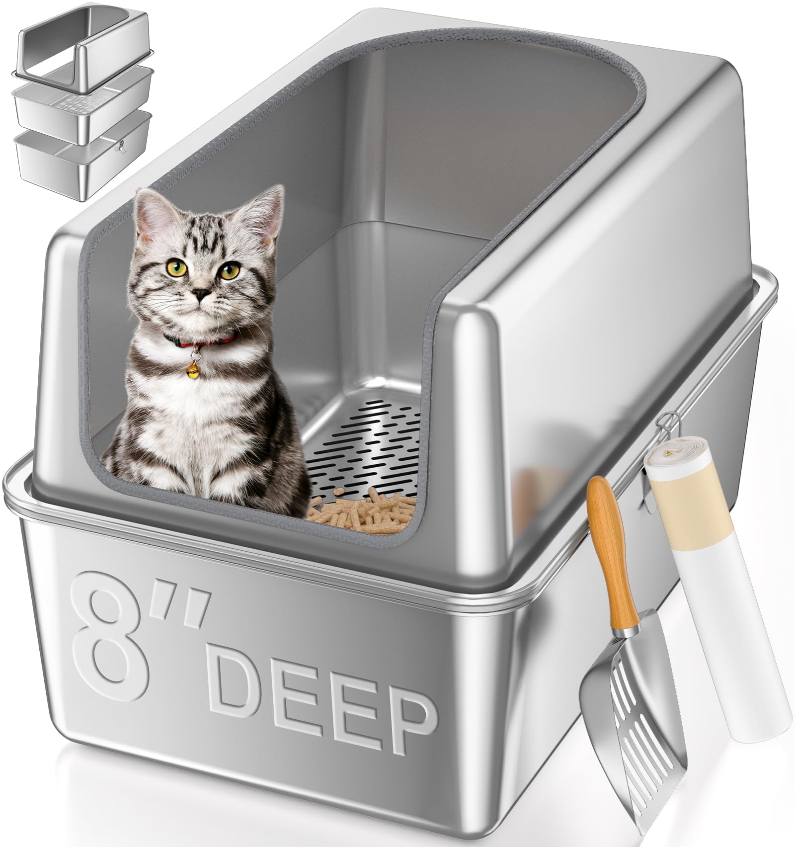 xxl all stainless steel sifting litter box with lid,sifting cat litter box for wood pine pellets,16''high sides sifter litter pan system,odor control,easy to clean,with liners and scoop
