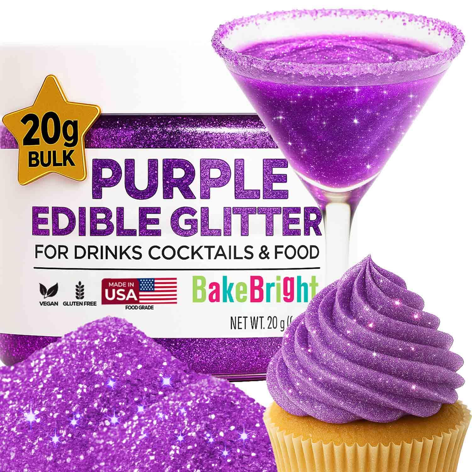 Bulk 20g Purple Edible Glitter for Drinks | Premium Edible Glitter for Cakes, Cocktails, Purple Cake Decorating Decorations Food Grade, Vegan, Kosher, Halal, Gluten Free - Made in USA