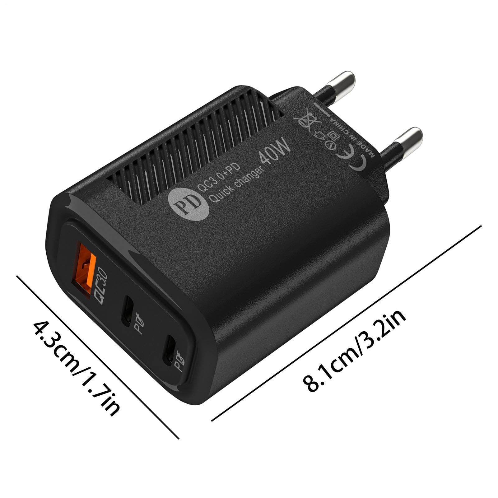 Caricabatterie USB QC3.0 40W Con 3 Porte (2 PD) – Compatto, Ignifugo E Universale Per Viaggi In Tutto Il Mondo