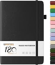 Smarpau A5 Notebook 180 Pages, Leather Journal Notebook with 80gsm Paper, Hardback Notepad for Women Men, No Bleed for Writing, Thick Journal for Office School Travel, Black