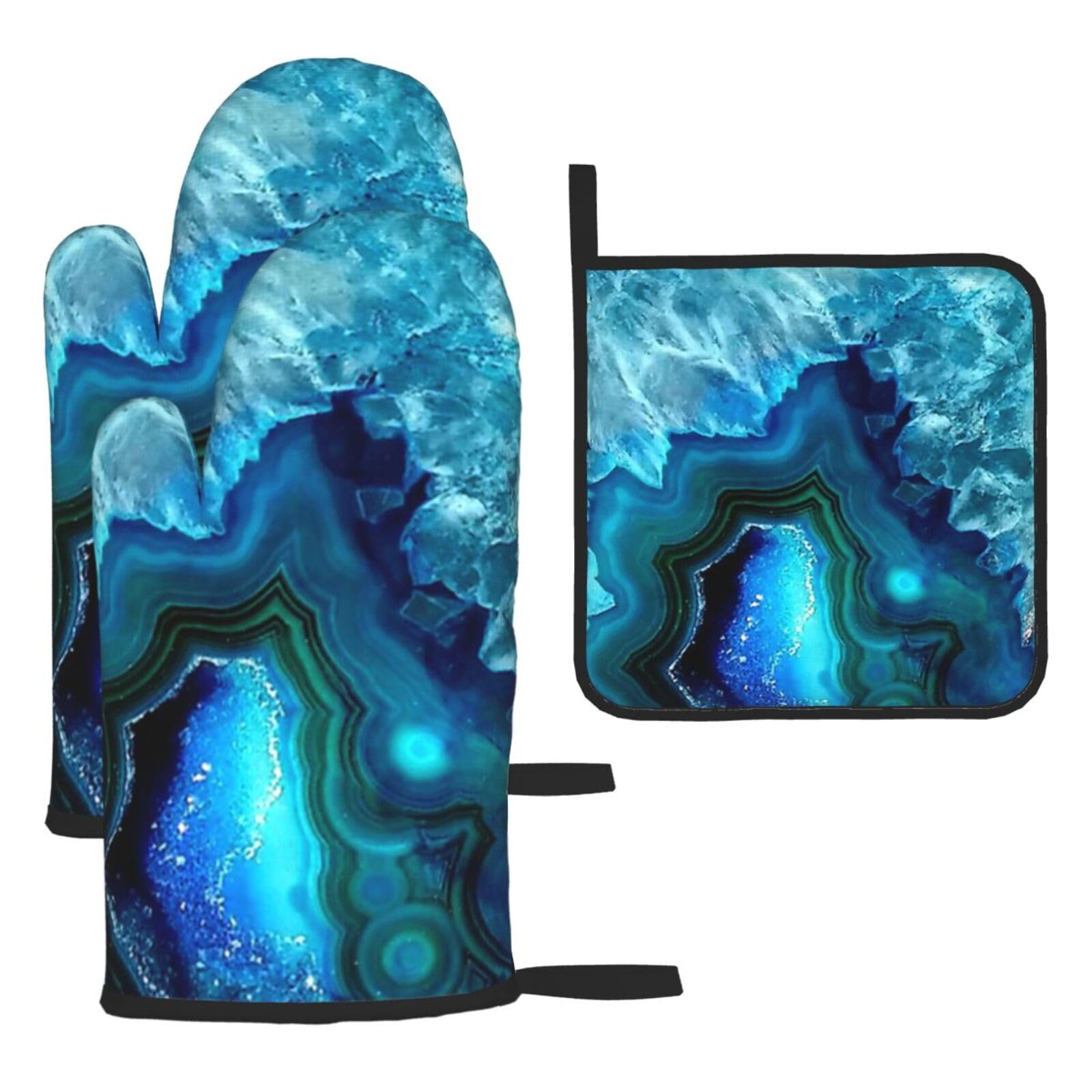 Bright Aqua Blue Print Oven Set Kitchen Gloves Baking Grilling Microwaving Cooking Gift Everyday Holiday