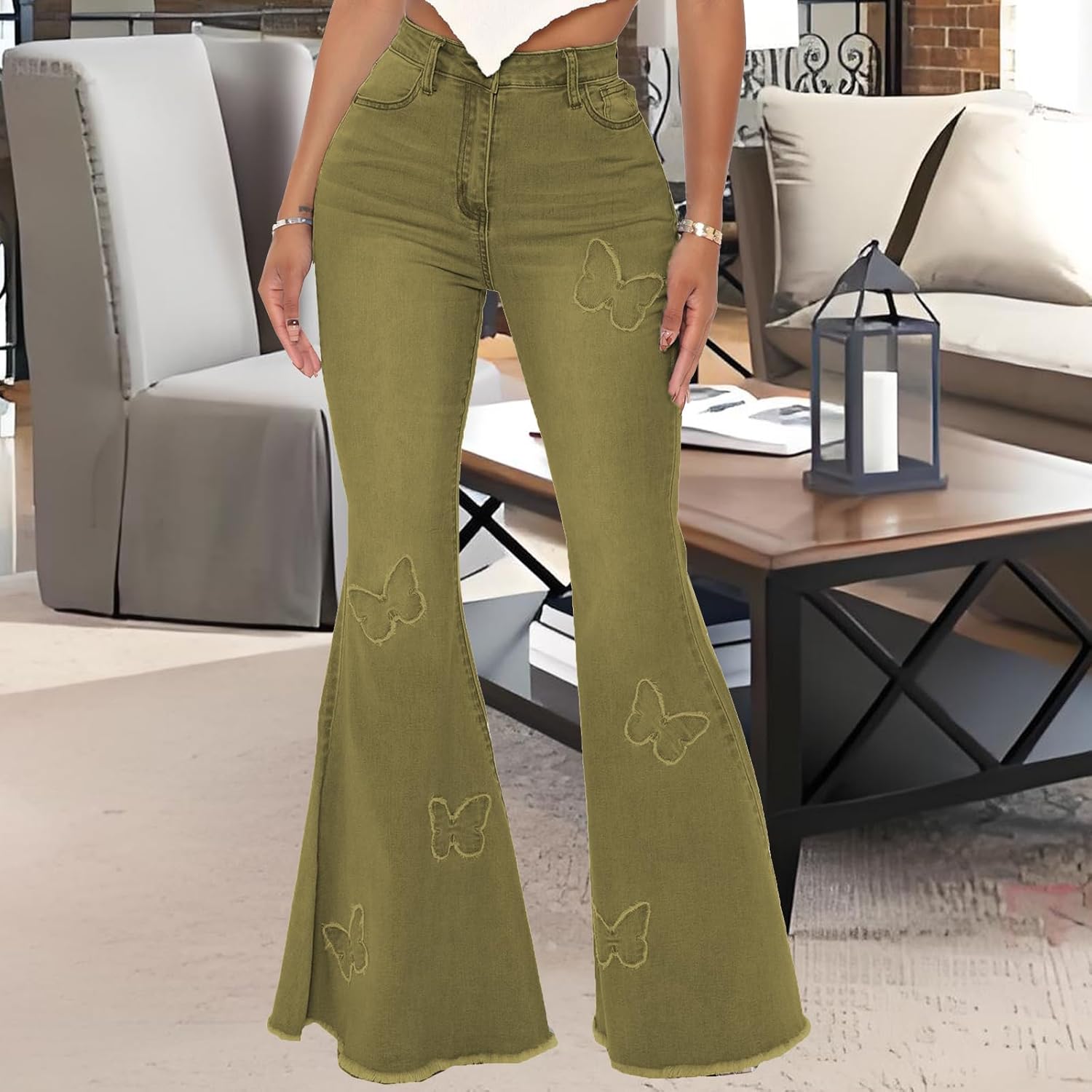 Women's Butterfly Bell Bottom Jeans Elastic High Waisted Embroidered Classic Flareed Jeans Raw Hem Denim Pants with Pocket - Image 5