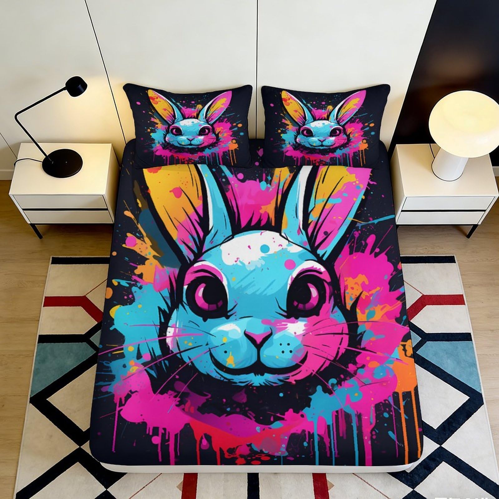 3D Printed Colorful Graffiti Rabbit Fitted Sheet Microfiber Soft Breathable Vibrant Bunny Bed Cover for Bedroom Dormitory Guest Room Mattress Protection 120x200x25cm