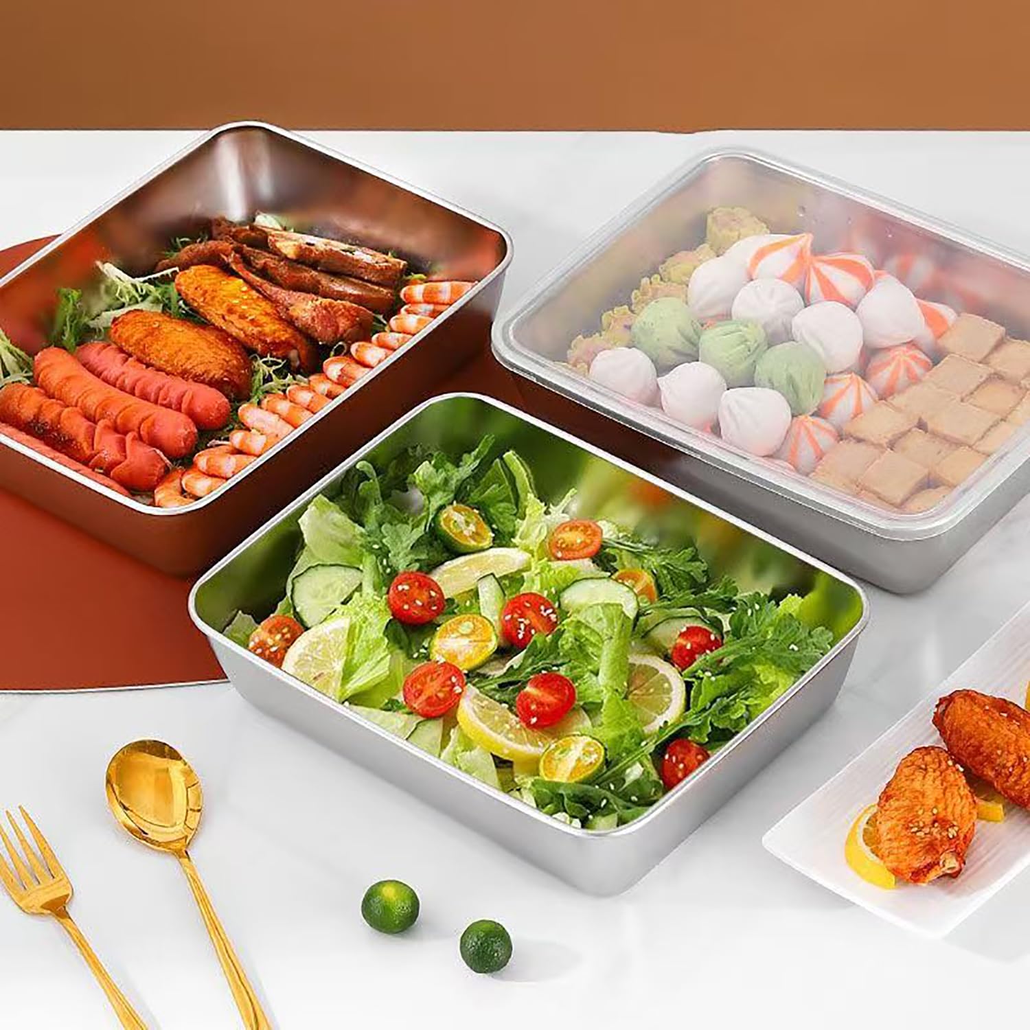 6 Botes Herméticos de Acero Inoxidable con Tapa, Set de Tuppers para Meal Prep, Recipientes Apilables para Alimentos, Apto para Horno, Microondas y Congelador (25 * 20 * 5 cm)