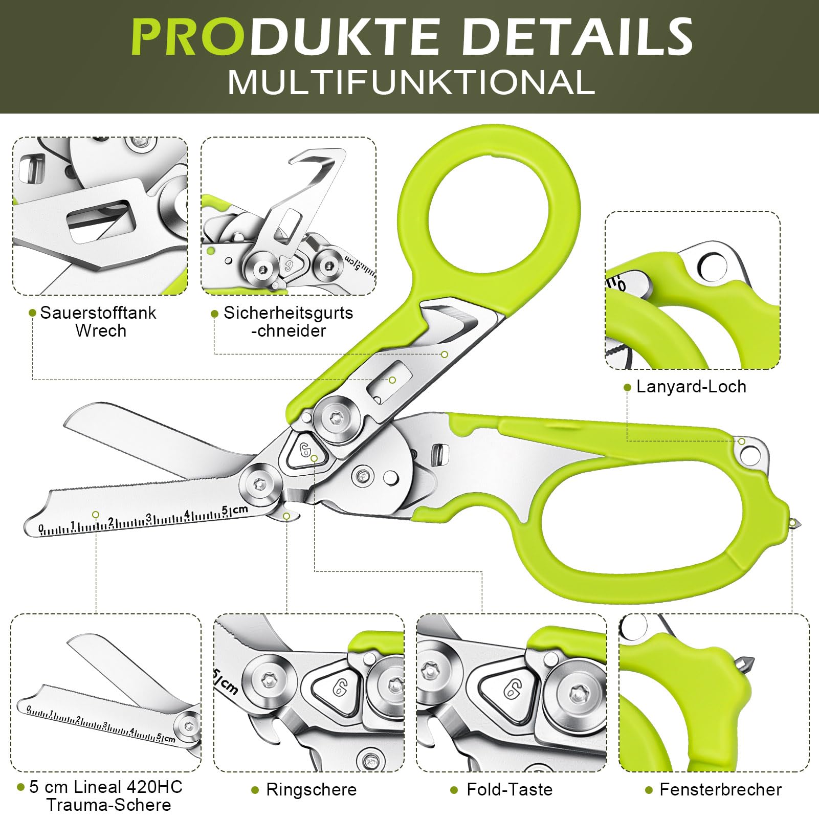 6 in 1 Trauma Schere Multitool Rettungsschere, Emergency Shears mit Strap Cutter und Glass Breaker Faltbare Scherenzange aus Edelstahl für Camping im Freien Multifunktionsschere Notfallschere