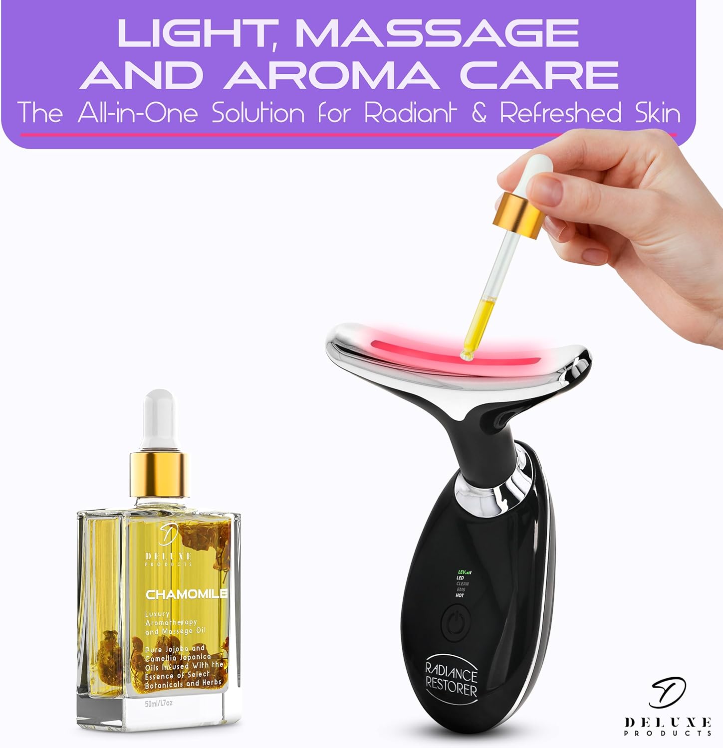 Radiance Restorer - Complete Wrinkle, Massage & Aromatherapy System - 7-Color LED Light Therapy, 3 Massage Functions, *Plus Heat!* - *Choice of Aromatherpay Massage Oil* - *Web App!* (Chamomile)