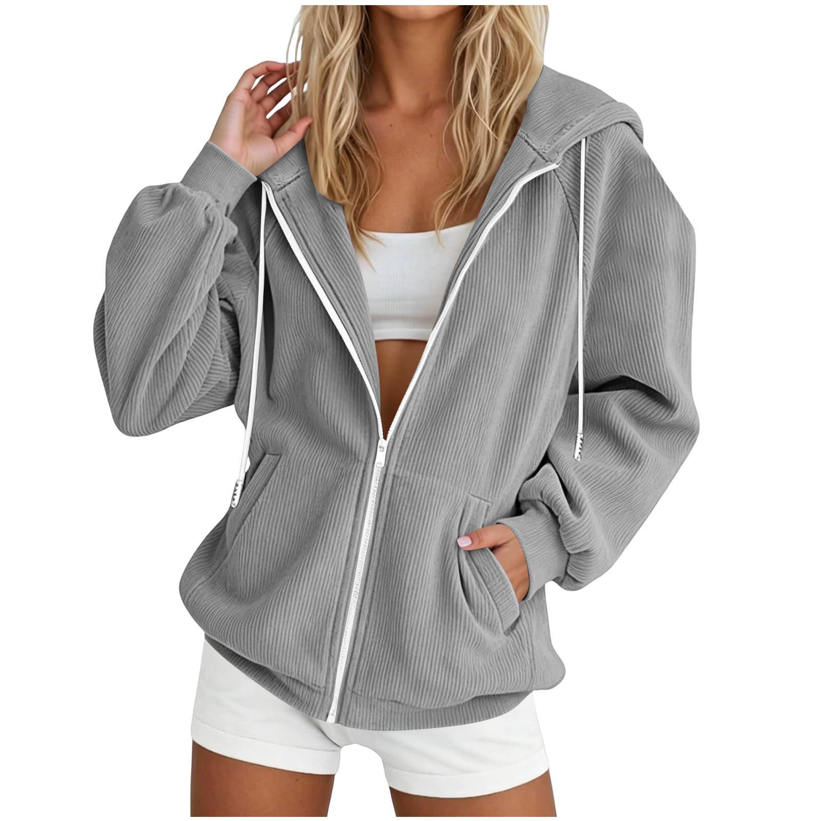Generisch Hoodie Damen Cordjacke Kapuzenpullover Langarm Sweatjacke mit Kapuze Kapuzenjacke Zipper Sweatshirt Übergangsjacke mit Reißverschluss Sportjacke Einfarbig Trainingsjacke mit Taschen