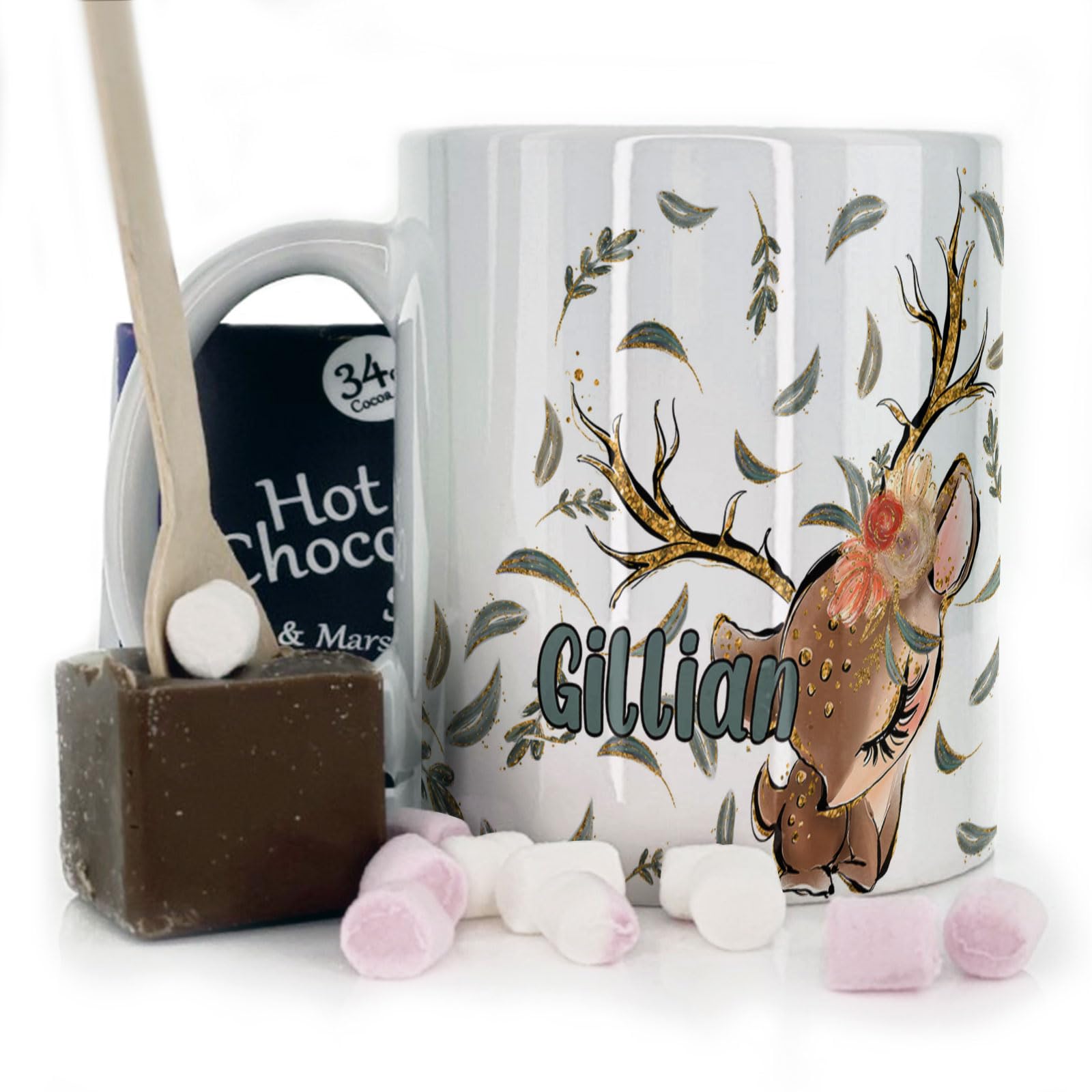 Hairyworm Personalised Mug and Belgian Milk Chocolate/Hot Chocolate Stirrer Marshmallow Gift Set, Custom (11oz) White Mug Customised with Name, Autumn Leaf Flower Deer Mug