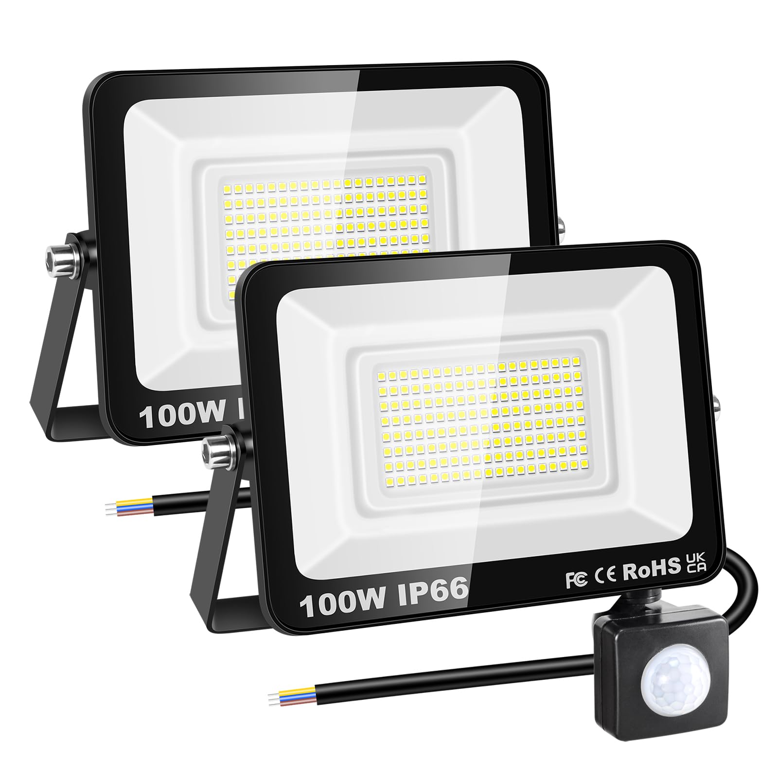RIGIDON 2x 100W PIR aussenleuchte bewegungsmelder led strahler, außen lampe | ohne stecker, 10000lm, 6000K kaltweiß, wasserdicht, led flutlicht, außenleuchte, für garten garage innenhöfe carport hauswand
