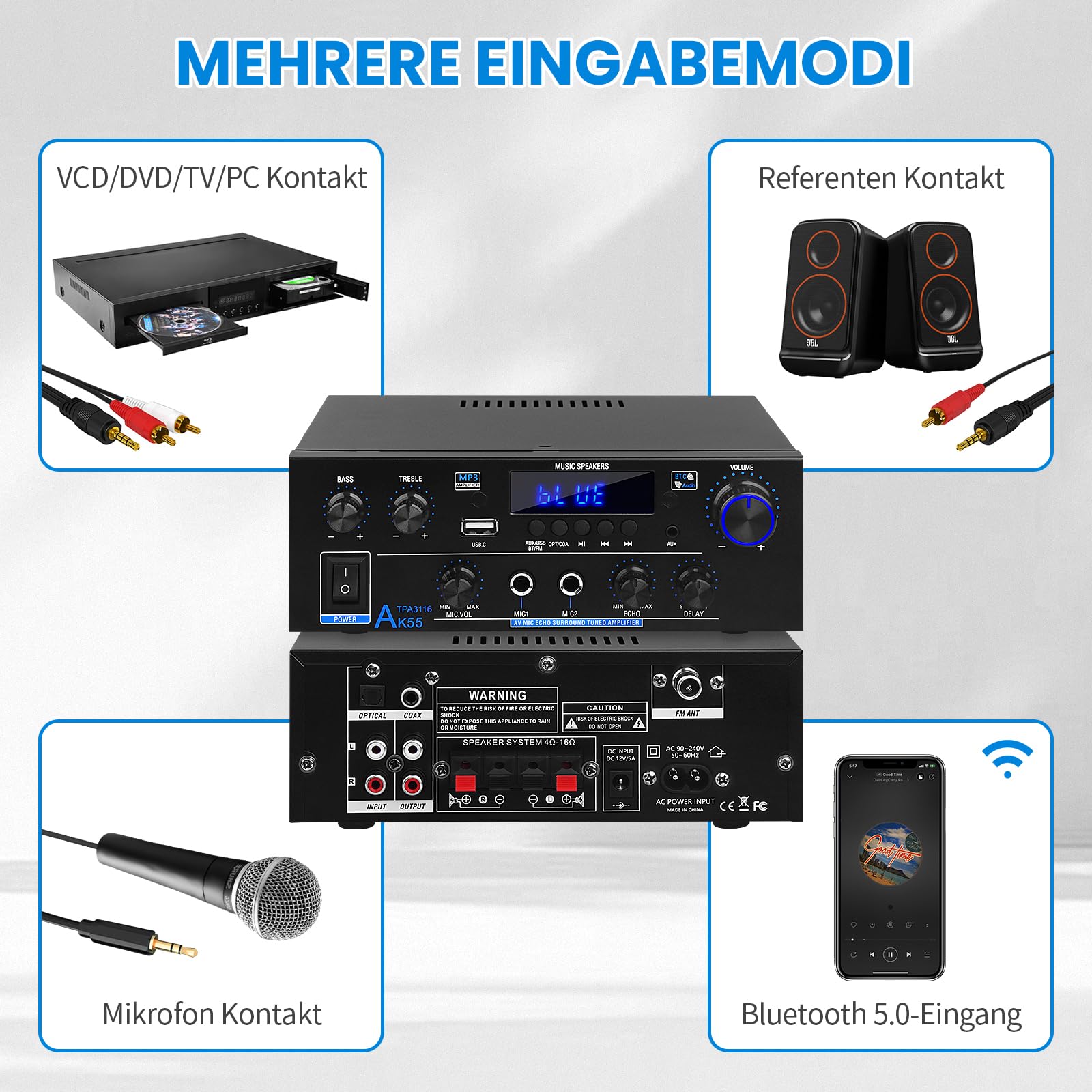 sikkeby Wzmacniacz HiFi AK55 Bluetooth stereo wzmacniacz audio, 2 kanały 70 WX2 maks. 600 W, wzmacniacz dźwięku 12 V/220 V, do domu lub samochodu, AK-55-DE