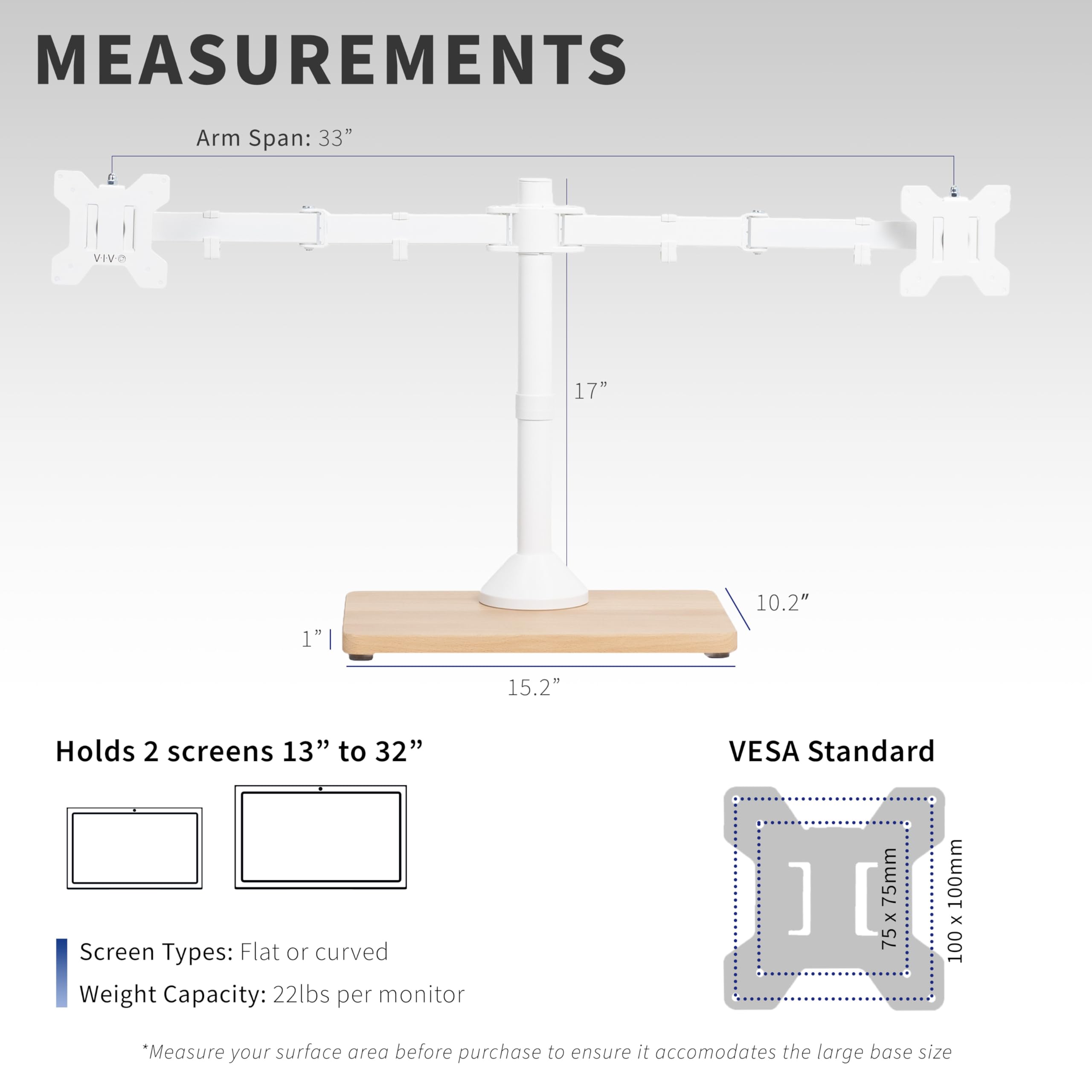 VIVO STAND-V002FD-W, Supporto per doppio monitor autoportante con base in legno massello e bracci regolabili, per 2 schermi fino a 32" e 10 kg ciascuno, bianco