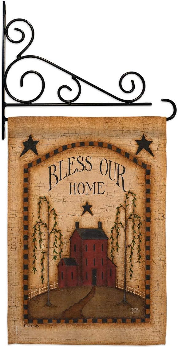 Classic Bless Our Home Garden Flag Set Wall Holder Country Living Primitive Farm Western Barn American Rustic Cowboy Rural Ranch Small Gift Yard House Banner Made in USA 13 X 18.5